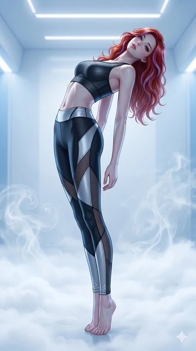 score_9, masterpiece, best quality, ultra-detailed, high-budget anime keyframe, editorial fashion photography, tasteful artistic composition, Caucasian woman, strictly human ears. low angle full-body shot from head to toe showing her feet, filling th