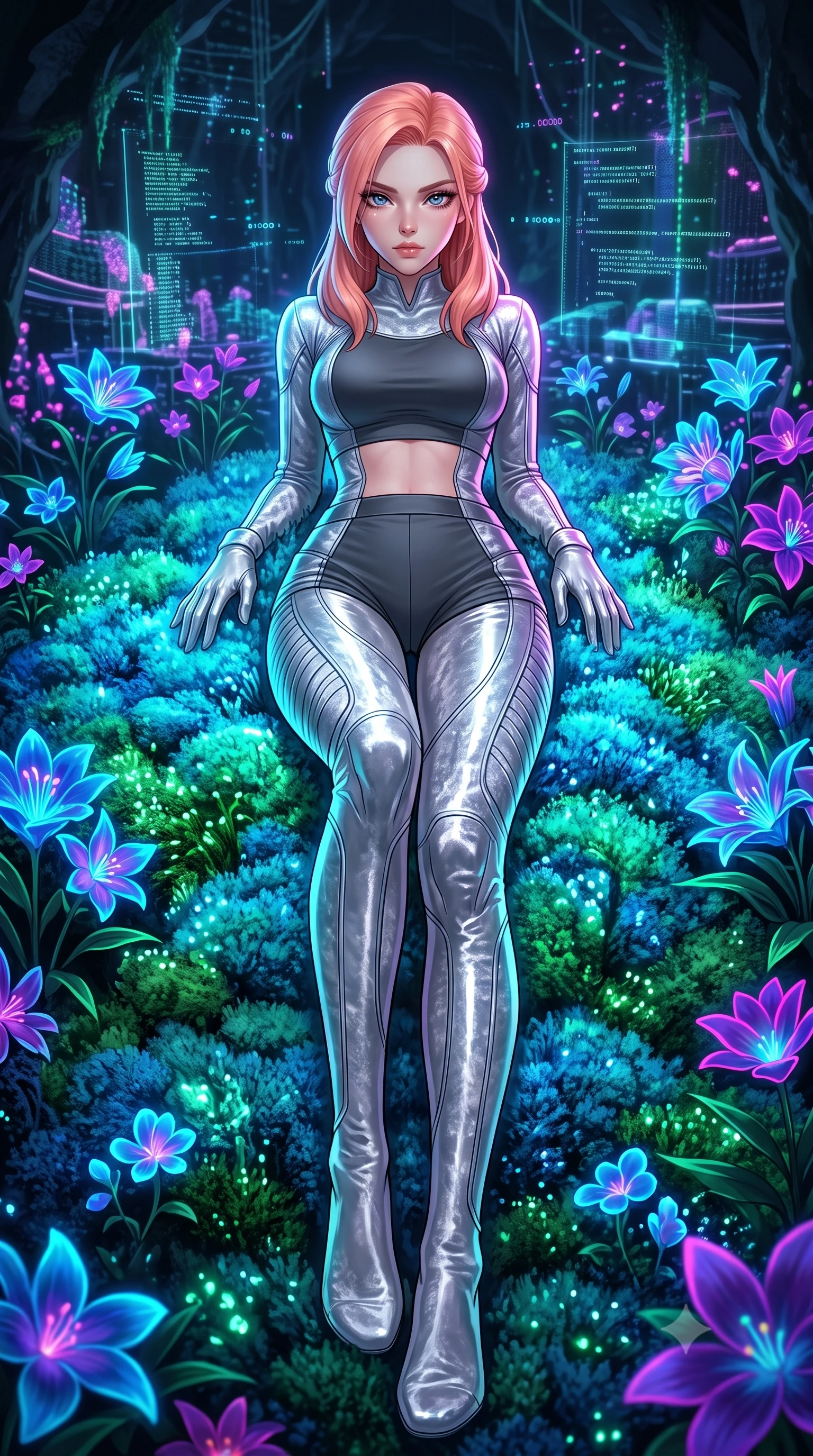 score_9, masterpiece, best quality, ultra-detailed, High-budget Anime Keyframe, East Asian woman. Low angle cowboy shot filling the entire 9:16 frame with her statuesque presence. Scenario 466: lying gracefully on a bed of bioluminescent moss inside a virtual garden where neon flowers bloom in the dark. Her presence is magnetic and overpowering in this high-budget anime scene. Outfit 466: a body-hugging liquid silver crushed velvet catsuit worn over an opaque crop top and high-waisted shorts. The clothing is designed to emphasize her exceptionally tall and slender 8-heads proportion. 8-heads proportion, towering silhouette, ultra-slim waist. sharp v-shaped jawline, intricate jewel-like eyes with depth, thick eyelashes, glossy lips. 2k, ultra detail, master piece, 9:16 ratio