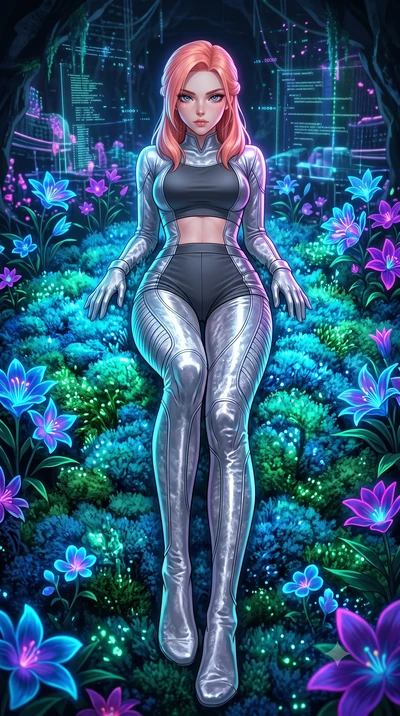 score_9, masterpiece, best quality, ultra-detailed, High-budget Anime Keyframe, East Asian woman. Low angle cowboy shot filling the entire 9:16 frame with her statuesque presence. Scenario 466: lying gracefully on a bed of bioluminescent moss inside 