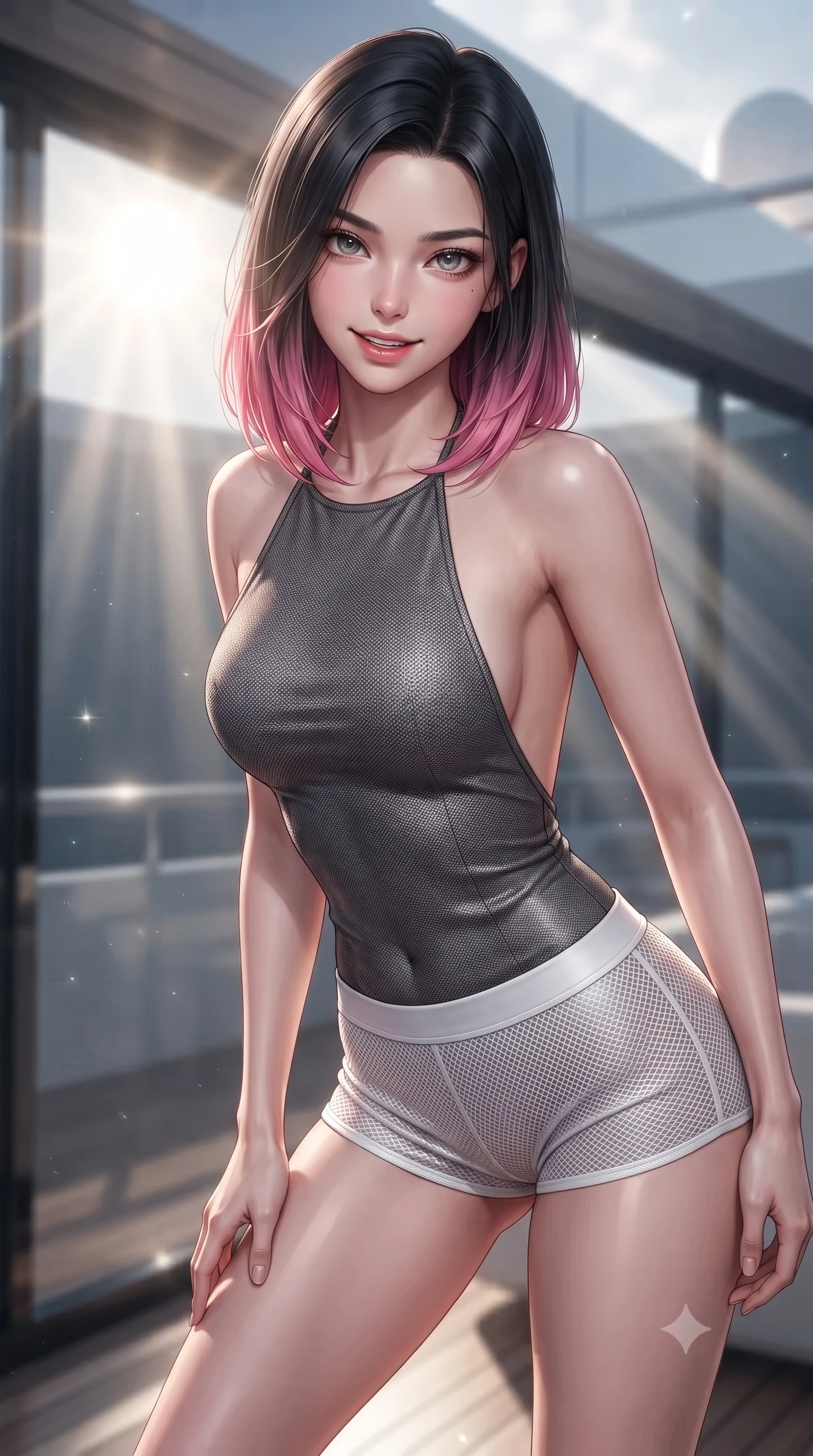 score_9, masterpiece, best quality, ultra-detailed, high-budget anime keyframe, editorial fashion photography, tasteful artistic composition, Korean woman. close-up cowboy shot from the waist and thighs up, the character dominates the composition, filling the frame with her large presence, background elements kept in soft focus. leaning slightly forward with a playful, teasing smile, her gaze locked onto the viewer with lips parted in a composed pose, the background shows a soft-focus a yacht observation deck with glass panels showing a binary sun system. She has an exceptionally elegant, slender, and willowy female figure with an ultra-slim waist, a gracefully sculpted slender torso, and a refined silhouette. sharp v-shaped jawline, high-bridge nose, intricate jewel-like eyes with depth, thick eyelashes, glossy lips with a natural sheen. wearing a form-contouring backless combat halter top in charcoal grey, paired with white carbon-mesh micro-shorts. volumetric sunbeams slicing through glass panels, creating dramatic light rays. ultra-reflective glossy finish, specular highlights, metallic sheen, high-contrast stereoscopic depth, volumetric dynamic lighting, 2k, ultra detail, master piece, 9:16 ratio