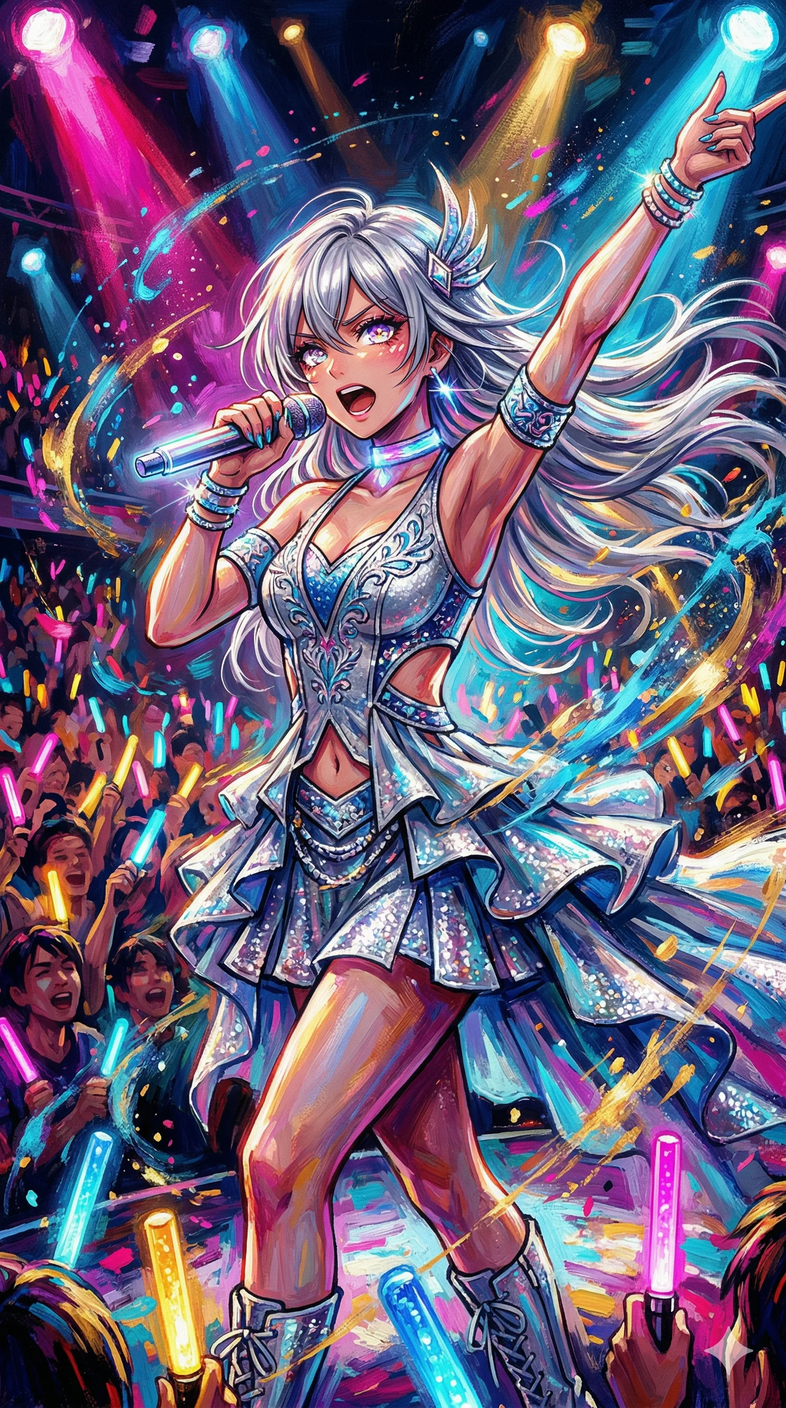 A post-impressionist expressionist manga-style female idol, 175 cm tall, with long silver hair and intensely highlighted, surreal, glowing teal-purple gradient eyes. She has an idol-style hairstyle with soft flowing layers and dramatic shine. Her outfit is an elegant yet stunning performance-inspired OOTD, including a cropped holographic jacket, a fitted skirt with metallic accents, and knee-high boots. The pose is confident, with a spotlight hitting her face, vibrant textures, and exaggerated emotional lighting. 4k, ultra detail, master piece, 9:16 ratio