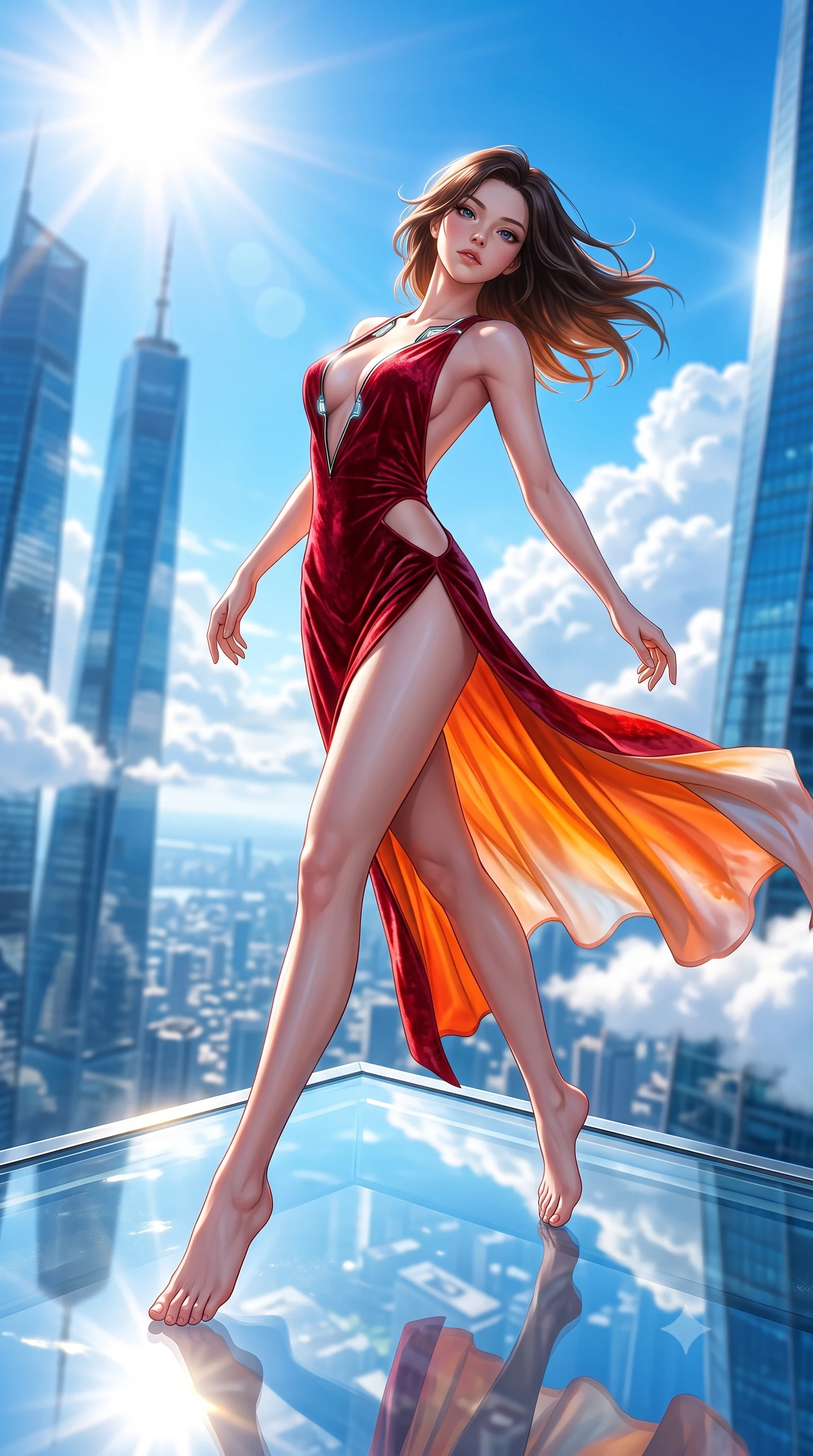 score_9, masterpiece, best quality, ultra-detailed, high-budget anime keyframe, semi-realistic 3D game render, editorial fashion photography, tasteful artistic composition, Korean woman. low angle full-body shot from head to toe showing her feet, filling the entire 9:16 vertical frame with her statuesque presence, stretching her vertical silhouette. arching her back in a fluid zero-gravity turn with sovereign grace, her long slender legs and sculpted torso creating a sweeping line while pivoting dynamically on a cantilevered glass observation deck as sunlight reflects brilliantly off distant clouds. The composition keeps background elements in soft focus with creamy bokeh. towering glass skyscraper spires and white fluffy cumulus clouds blurred into vivid sky-blue bokeh. She has an absolutely perfect, statuesque 8.5-heads proportion, an exceptionally tall and slender model-like female figure with impossibly long slender legs, a toned flat midriff, and an ultra-slim waist. sharp v-shaped jawline, high-bridge nose, intricate jewel-like eyes with depth, thick eyelashes, glossy lips with a natural sheen, flawlessly proportioned anatomical accuracy, strict slender model proportions, natural body alignment, perfectly sculpted long slender limbs, ultra-slim waistline, clean dynamic posture without body distortion. wearing a backless crimson crushed velvet gown with a deep plunging V-neckline, strategic hip cutouts, and an ultra-high thigh slit in vivid sunset amber orange and cloud white, made of smooth iridescent silk chiffon that shifts colors with movement, featuring a dangerously unzipped neckline framed by glowing cybernetic accents, the form-contouring material adhering flawlessly to her sculpted flat midriff and slender torso, emphasizing her long leg lines and perfectly proportioned willowy build. bathed in brilliant high-noon sunbursts and rich sky-blue ambient bounce light. highly saturated vibrant anime colors, detailed shading with soft gradients, rich glossy textures, high-contrast stereoscopic depth, volumetric dynamic lighting, master piece, 9:16 ratio