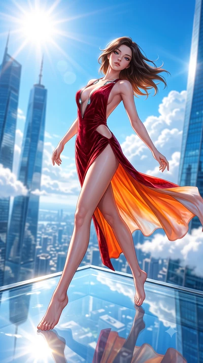 score_9, masterpiece, best quality, ultra-detailed, high-budget anime keyframe, semi-realistic 3D game render, editorial fashion photography, tasteful artistic composition, Korean woman. low angle full-body shot from head to toe showing her feet, fil