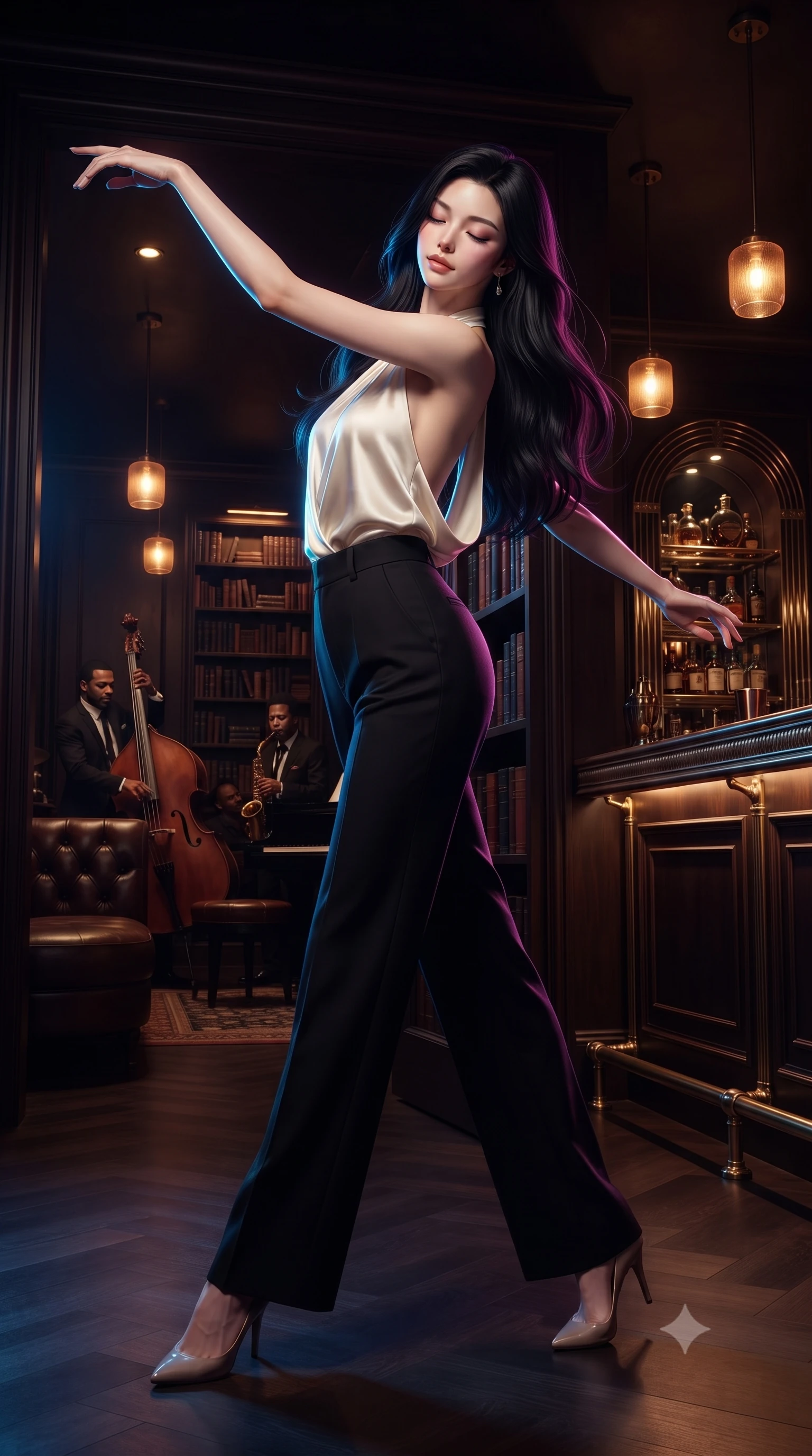 score_9, masterpiece, best quality, ultra-detailed, high-budget anime keyframe, editorial fashion photography, tasteful artistic composition, Korean woman. low angle full-body shot from head to toe showing her feet, filling the entire 9:16 vertical frame with her statuesque presence, stretching her vertical silhouette. dancing with weightless grace through a hidden underground bar accessed through a secret bookshelf door with dim amber pendant lights a live jazz trio in the corner deep leather booth seating and a gleaming art deco bar with mirrored back shelving. She has a statuesque 8.5-heads proportion, an exceptionally tall, slender and willowy model-like build with impossibly long legs and a highly sculpted ultra-slim waist. sharp v-shaped jawline, high-bridge nose, intricate jewel-like eyes with depth, thick eyelashes, glossy lips with a natural sheen. wearing an ivory silk halter-neck top with a draped open back, tucked into tailored black wide-leg trousers. brilliant cinematic volumetric lighting with intense neon rim light outlining her form. 2k, ultra detail, master piece, 9:16 ratio