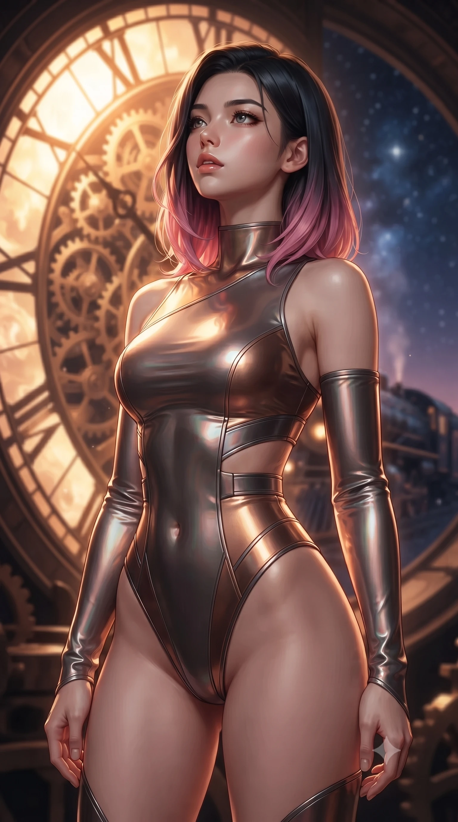 score_9, masterpiece, best quality, ultra-detailed, high-budget anime keyframe, editorial fashion photography, tasteful artistic composition, Korean woman. close-up cowboy shot from the waist and thighs up, the character dominates the composition, filling the frame with her large presence, background elements kept in soft focus. Tilting her chin up slightly with lips parted in a magnetic, composed expression gazing out a massive circular clock window at a twilight galaxy express train, dramatic twilight amber light streaming through the giant clock window. She has an exceptionally elegant, slender, and willowy female figure with an ultra-slim waist, a gracefully sculpted slender torso, and a refined silhouette. sharp v-shaped jawline, high-bridge nose, intricate jewel-like eyes with depth, thick eyelashes, glossy lips with a natural sheen. wearing an asymmetrical high-cut tech-bodysuit with detached sleeves and waist-framing straps, the form-contouring material highlighting her ultra-slim waist and long lines. surrounded by warm hearth light and dramatic bronze rim highlights. ultra-reflective glossy finish, specular highlights, metallic sheen, high-contrast stereoscopic depth, volumetric dynamic lighting, 2k, ultra detail, master piece, 9:16 ratio
