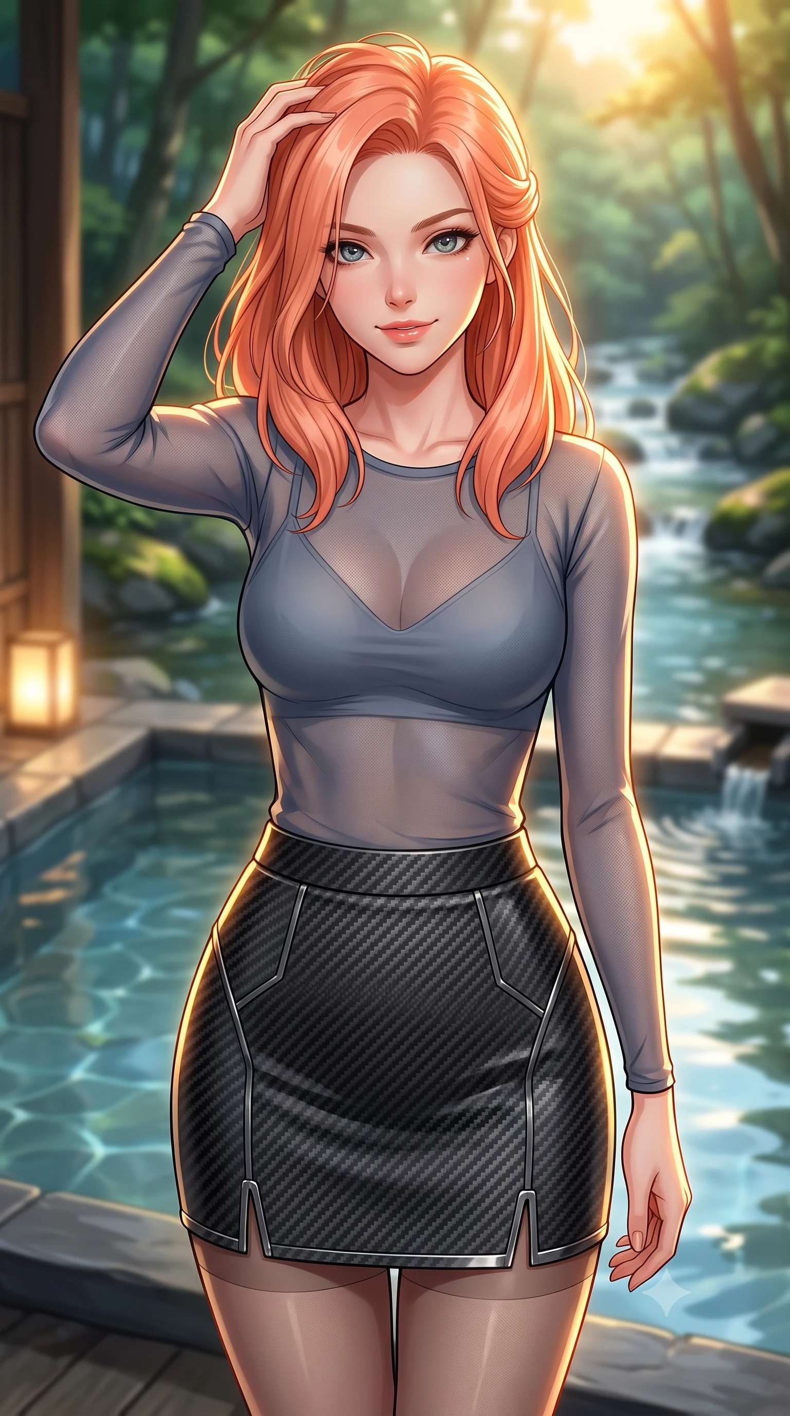 score_9, masterpiece, best quality, ultra-detailed, high-budget anime keyframe, editorial fashion photography, tasteful artistic composition, Japanese woman. close-up cowboy shot from the waist and thighs up, the character dominates the composition, filling the frame with her large presence, background elements kept in soft focus. slowly running a hand through her hair, smiling with quiet, magnetic self-assurance directly into the camera, the background shows a soft-focus an outdoor basalt bath pool next to a forest stream with clear water. She has an exceptionally elegant, slender, and willowy female figure with an ultra-slim waist, a gracefully sculpted slender torso, and a refined silhouette. sharp v-shaped jawline, high-bridge nose, intricate jewel-like eyes with depth, thick eyelashes, glossy lips with a natural sheen. wearing a form-contouring semi-transparent mesh top in slate grey, paired with a carbon-fiber mini skirt and sheer stockings. brilliant golden hour sunset tracing her carbon-armor silhouette with a rim. highly saturated vibrant anime colors, detailed shading with soft gradients, rich glossy textures, high-contrast stereoscopic depth, volumetric dynamic lighting, master piece, 9:16 ratio