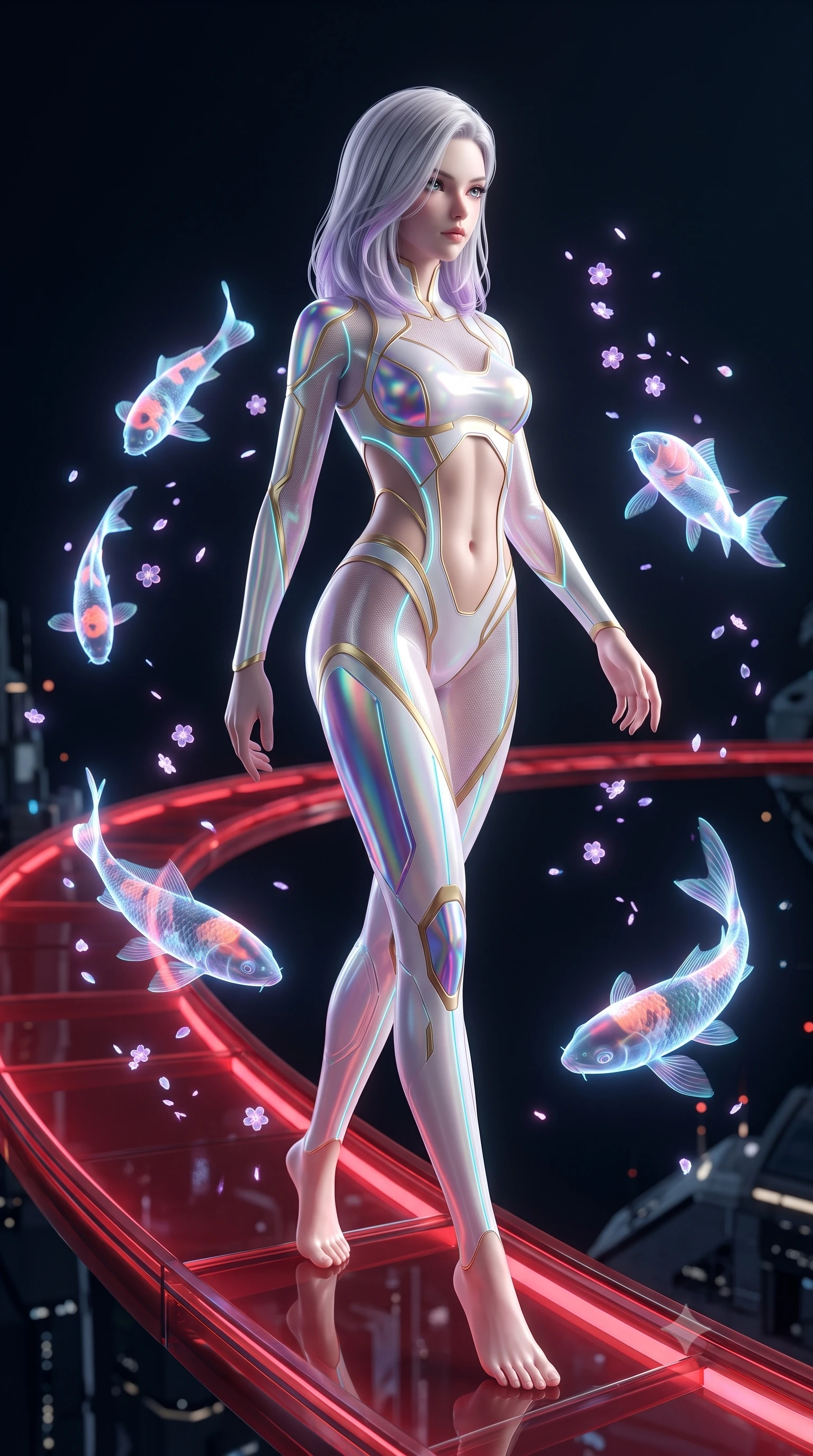 score_9, masterpiece, best quality, ultra-detailed, high-budget anime keyframe, semi-realistic 3D game render, editorial fashion photography, tasteful artistic composition, Caucasian woman. low angle full-body shot from head to toe showing her feet, filling the entire 9:16 vertical frame with her statuesque presence, stretching her vertical silhouette. pivoting dynamically in mid-motion with a breathtakingly alluring posture, displaying her flawless model proportions, toned flat midriff, and ultra-slim waist while stepping along a curved crimson glass bridge as holographic koi swim through the air around her slender silhouette. The composition keeps background elements in soft focus with creamy bokeh. drifting holographic blossom particles scattering soft glowing glints across a dark backdrop. She has an absolutely perfect, statuesque 8.5-heads proportion, an exceptionally tall and slender model-like female figure with impossibly long slender legs, a toned flat midriff, and an ultra-slim waist. sharp v-shaped jawline, high-bridge nose, intricate jewel-like eyes with depth, thick eyelashes, glossy lips with a natural sheen, flawlessly proportioned anatomical accuracy, strict slender model proportions, natural body alignment, perfectly sculpted long slender limbs, ultra-slim waistline, clean dynamic posture without body distortion. wearing a second-skin white-and-gold high-fashion tech-bodysuit with diagonal midriff cutouts and glowing cyan fiber seams in iridescent holographic chrome with prism violet highlights, tailored from semi-translucent cybernetic vinyl with glowing micro-filaments, featuring a sleek aerodynamic collar framed by subtle glowing cybernetic accents, the sleek second-skin cut tightly hugging her graceful clavicle, narrow waist, and feminine curves with athletic precision. illuminated by crisp white key light and sharp specular highlights tracing her sculpted silhouette. rich saturated anime colors with glowing neon highlights, detailed shading with soft gradients, rich glossy textures, high-contrast stereoscopic depth, volumetric dynamic lighting, master piece, 9:16 ratio