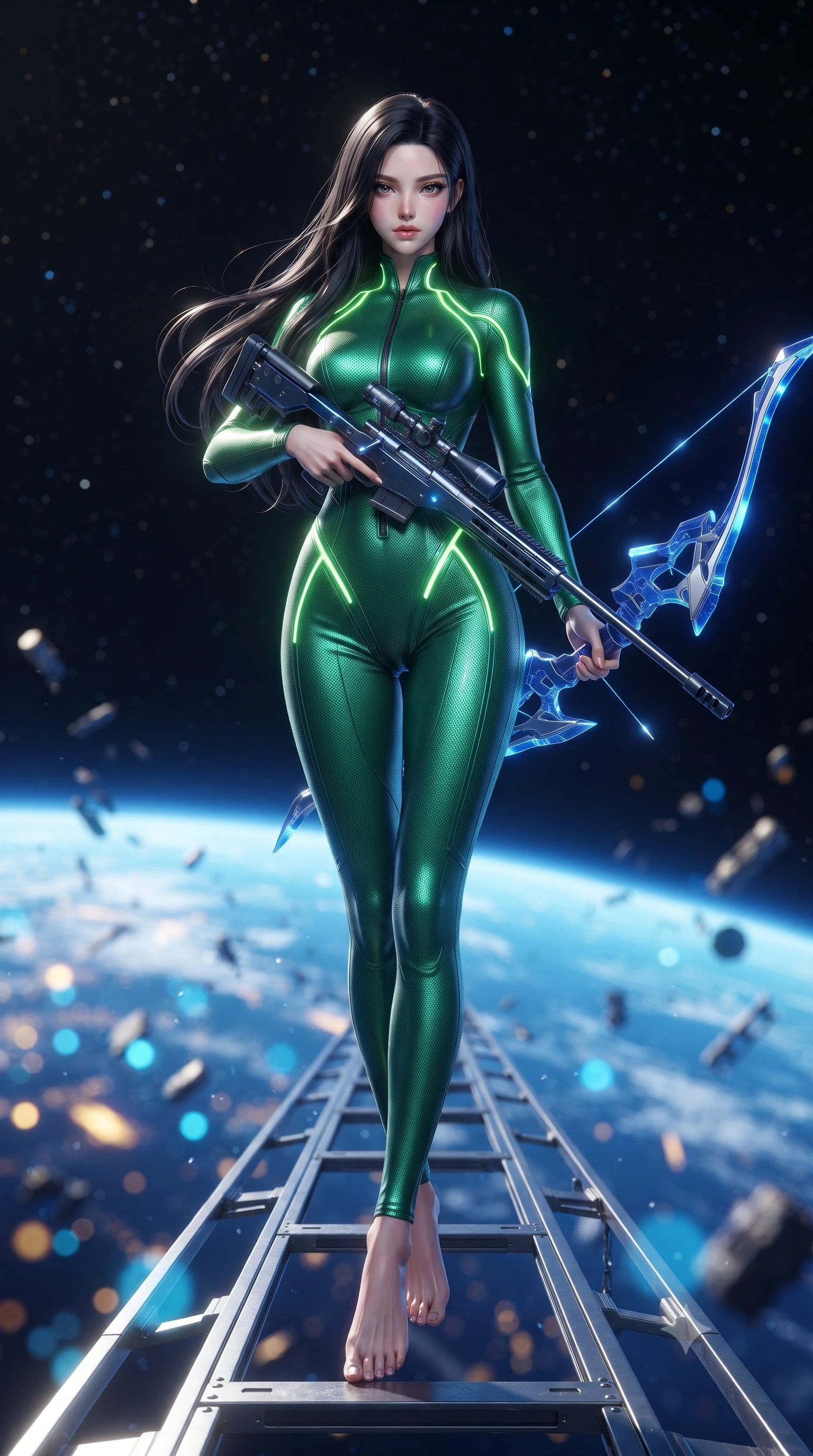 score_9, masterpiece, best quality, ultra-detailed, high-budget anime keyframe, editorial fashion photography, tasteful artistic composition, Korean woman. low angle full-body shot from head to toe showing her feet, filling the entire 9:16 vertical frame with her statuesque presence, stretching her vertical silhouette. performing an alluring mid-air combat landing with flawless poise, looking directly into the camera with regal, deadly intensity while stepping along a suspended gantry extending into the starry void with sniper rifle held in a relaxed, sovereign posture. The composition keeps background elements in soft focus with creamy bokeh. glowing blue curvature of planet Earth and floating orbital debris blurred into radiant azure, gold, and indigo bokeh. She has an absolutely perfect, statuesque 8.5-heads proportion, an exceptionally tall and slender model-like female figure with impossibly long slender legs, a toned flat midriff, and an ultra-slim waist. sharp v-shaped jawline, high-bridge nose, intricate jewel-like eyes with depth, thick eyelashes, glossy lips with a natural sheen, flawlessly proportioned anatomical accuracy, strict slender model proportions, natural body alignment, perfectly sculpted long slender limbs, ultra-slim waistline, clean dynamic posture without body distortion. wearing a tailored emerald-green carbon-fiber tactical jumpsuit with glowing lime LED channels and an open cowl back, drawing a floating holographic photon energy bow with supreme grace in electric cobalt blue carbon with polished platinum trim, tailored from flexible second-skin carbon-mesh that clings flawlessly to her athletic curves, accented with glowing fiber-optic conduits tracing her collarbones and hip curves, the sleek second-skin cut tightly hugging her graceful clavicle, narrow waist, and feminine curves with athletic precision. bathed in dazzling natural orbital sunlight and rich blue planetary ambient bounce light. ultra-reflective glossy finish, specular highlights, dark metallic sheen, high-contrast stereoscopic depth, volumetric dynamic lighting, 2k, ultra detail, master piece, 9:16 ratio