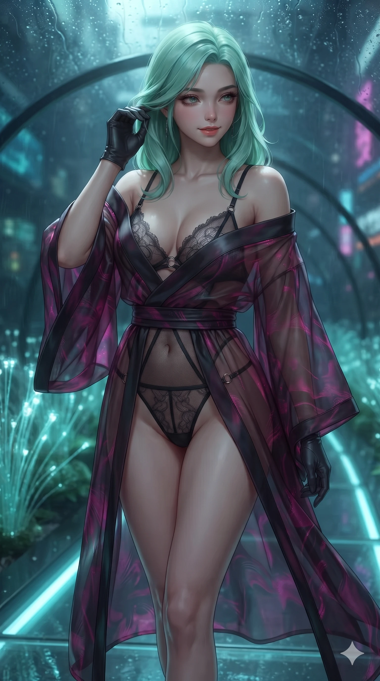 score_9, masterpiece, best quality, ultra-detailed, high-budget anime keyframe, editorial fashion photography, tasteful artistic composition, Japanese woman. close-up cowboy shot from the waist and thighs up, the character dominates the composition, filling the frame with her large presence. gently brushing a lock of glossy hair behind her ear while casting a playful, flirtatious side-gaze with long eyelashes through the rising steam while stepping slowly along the underwater glass tunnel with feline poise, her long slender legs and curvy hourglass hips commanding the glowing aqua sanctuary. The background shows a soft-focus luminous fiber-optic water reeds, floating glass walkway edges, and rain-streaked skylights softened into sci-fi bokeh. She has an exceptionally elegant, slender, and willowy female figure with an ultra-slim waist, flat toned midriff, narrow ribcage, and sculpted feminine hips creating an alluring, slim hourglass silhouette without bulk. sharp v-shaped jawline, high-bridge nose, sparkling eyes with hypnotic seductive depth, thick curled eyelashes, glossy parted lips with a natural dewy peach sheen, alluring bedroom-eyes with an enchanting coquettish smile, exuding magnetic siren charisma and sophisticated glamour, flawlessly proportioned anatomical accuracy, strict slender model proportions, natural body alignment, perfectly sculpted long slender limbs, ultra-slim waistline, clean dynamic posture without body distortion. wearing a scandalous open-front sheer organza yukata robe slipping off bare shoulders with barely-there lace micro lingerie in cybernetic magenta and dark graphite black, made of semi-opaque stretch illusion mesh with soft shadowy contours, accented with provocative sheer side-cutout mesh panels and micro-ring buckle hardware, the daring body-contouring tailoring highlighting her flat toned midriff and statuesque model curves with effortless magnetic allure. bathed in moody chiaroscuro lighting spilling from glowing holographic displays and exterior city neon. ultra-reflective glossy finish, specular highlights, rich textural contrasts, high-contrast stereoscopic depth, volumetric dynamic lighting, 2k, ultra detail, master piece, 9:16 ratio