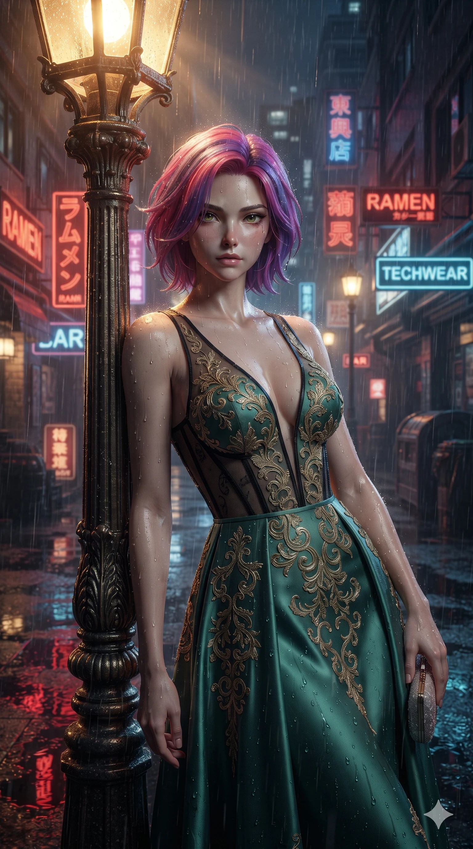 score_9, masterpiece, best quality, ultra-detailed, high-budget anime keyframe, editorial fashion photography, tasteful artistic composition, Caucasian woman. close-up cowboy shot from the waist and thighs up, the character dominates the composition, filling the frame with her large presence. leaning forward while arching her lower back to accentuate her curvy hips, looking into the camera with an intoxicating smoldering gaze and bedroom-eyes while leaning against the illuminated esplanade lamp post with hips cocked back, looking through rain-streaked air with heavy-lidded seductive eyes. The surrounding environment is rendered in vivid detail and crisp panoramic clarity: sharp water puddle reflection ripples on black granite tiles, crisp raindrop speculars on stone, and neon tube glass details in deep focus. She has an exceptionally elegant, slender, and willowy female figure with an ultra-slim waist, flat toned midriff, narrow ribcage, and sculpted feminine hips creating an alluring, slim hourglass silhouette without bulk. sharp v-shaped jawline, high-bridge nose, intricate jewel-like sparkling eyes with depth, thick eyelashes, glossy parted lips with a natural sheen, intensely captivating and seductive bedroom-eyes expression, exuding both youthful cute charm and sovereign luxury allure, flawlessly proportioned anatomical accuracy, strict slender model proportions, natural body alignment, perfectly sculpted long slender limbs, ultra-slim waistline, clean dynamic posture without body distortion. wearing an alluring plunging sweetheart bodice dress with sheer mesh side-waist cutouts contouring her ribs in celadon jade and antique gold-leaf, made of sheer contouring power-mesh with velvet flocking patterns, accented with a delicate gold chain belt resting loosely on her curvy hips, the precision-cut side openings and low-back scoop framing her graceful spine and the sensual sweep of her slim, toned hips. bathed in the intense, high-saturation glow of multi-colored neon signage reflecting off wet surfaces. ultra-reflective glossy finish, specular highlights, rich textural contrasts, high-contrast stereoscopic depth, volumetric dynamic lighting, 2k, ultra detail, master piece, 9:16 ratio