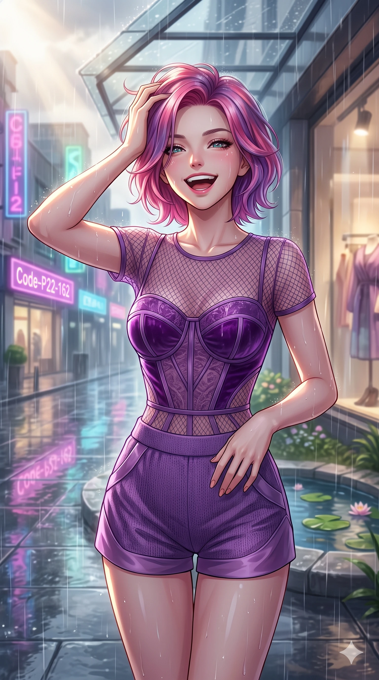 score_9, masterpiece, best quality, ultra-detailed, high-budget anime keyframe, vibrant anime aesthetic, Caucasian woman, strictly human ears. close-up cowboy shot from the waist and thighs up, the character dominates the composition, filling the frame with her large presence, background elements kept in soft focus. She is laughing happily while running her fingers through her hair in the rain, with her eyes bright and full of life with a captivating and confident presence. the background shows a soft-focus entrance of a high-fashion boutique with a glass awning, overlooking rain-slicked city streets reflecting neon signs (Code-P22-162). She has an absolutely perfect proportion, an exceptionally elegant and slender female figure with an ultra-slim waist. V-shaped jawline, high-bridge nose, intricate jewel-like eyes with depth, thick eyelashes, glossy lips with a natural sheen. wearing a delicate mesh overlay worn over a structured velvet bodice and knit shorts in amethyst purple and silk overlays. She is bathed in volumetric morning sunbeams piercing through rain clouds, accentuating her slender silhouette by the quiet garden pond. 2k, ultra detail, master piece, 9:16 ratio