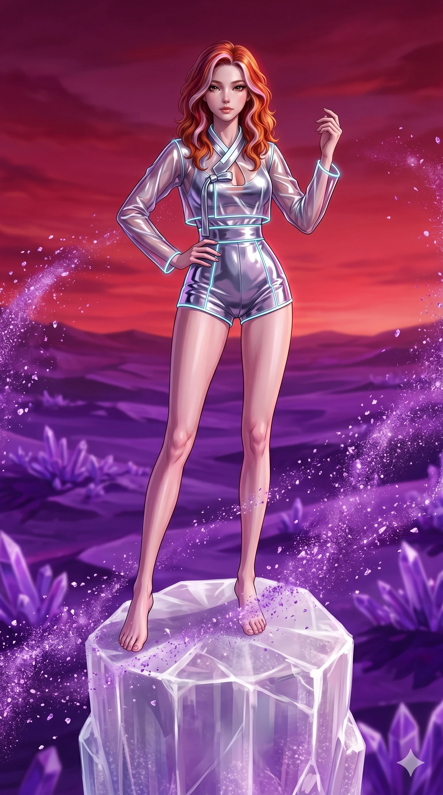 score_9, masterpiece, best quality, ultra-detailed, high-budget anime keyframe, Caucasian woman, strictly human ears. low angle full-body shot filling the entire 9:16 frame with her statuesque presence, stretching the vertical silhouette. standing atop a transparent salt crystal tower in a purple crystalline desert as winds blow shimmering purple dust under a crimson sunset. She has an absolutely perfect 8-heads proportion, an exceptionally tall and slender female figure with impossibly long slender legs and an ultra-slim waist. V-shaped jawline, high-bridge nose, intricate jewel-like eyes with depth, thick eyelashes, glossy lips with a natural sheen.. wearing a vinyl liquid mercury fusion hanbok, featuring a translucent chrome-silver vinyl jeogori and high-waist micro-shorts, detailed with glowing neon wire trims and a tasteful chest slit. accented by dynamic color-blocked lighting with high-contrast shadows emphasizing her statuesque height. 2k, ultra detail, master piece, 9:16 ratio