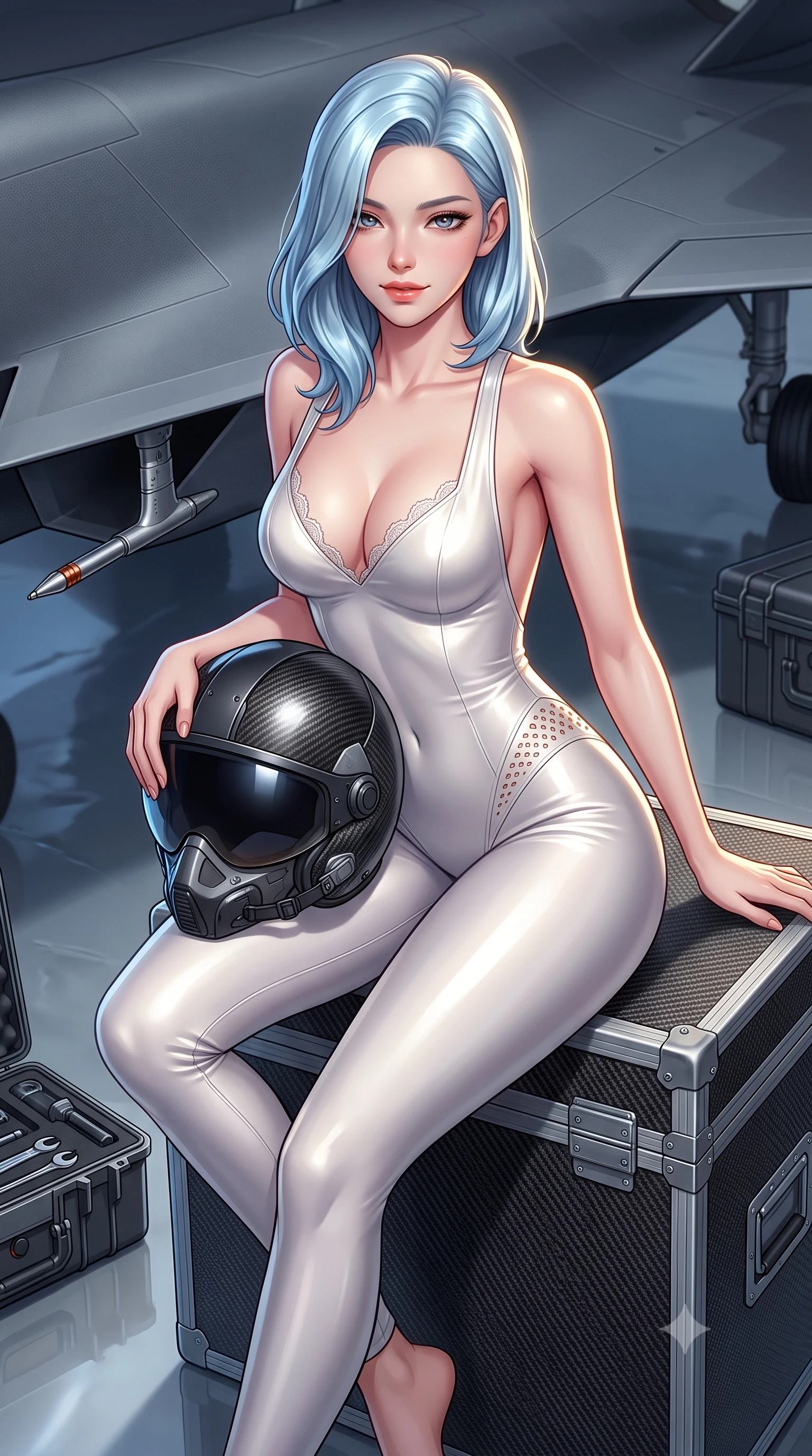 score_9, masterpiece, best quality, ultra-detailed, high-budget anime keyframe, semi-realistic 3D game render, editorial fashion photography, tasteful artistic composition, Korean woman. close-up cowboy shot from the waist and thighs up, the character dominates the composition, filling the frame with her large presence. leaning forward while arching her lower back to accentuate her curvy hips, looking into the camera with an intoxicating smoldering gaze and bedroom-eyes while sitting perched on a carbon-fiber flight case with legs crossed, holding a flight helmet with confident, coquettish charm. The surrounding environment is rendered in vivid detail and crisp panoramic clarity: sharp radar-absorbent matte coating texture, drone pitot tube probe, and polished epoxy floor reflections in deep focus. She has an exceptionally elegant, slender, and willowy female figure with an ultra-slim waist, flat toned midriff, narrow ribcage, and sculpted feminine hips creating an alluring, slim hourglass silhouette without bulk. sharp v-shaped jawline, high-bridge nose, sparkling eyes with hypnotic seductive depth, thick curled eyelashes, glossy parted lips with a natural dewy peach sheen, alluring bedroom-eyes with an enchanting coquettish smile, exuding magnetic siren charisma and sophisticated glamour, flawlessly proportioned anatomical accuracy, strict slender model proportions, natural body alignment, perfectly sculpted long slender limbs, ultra-slim waistline, clean dynamic posture without body distortion. wearing a backless plunge-front second-skin stealth jumpsuit with fluid tapered legs and laser-cut hip ventilation in pure pearl alabaster with liquid platinum sheen, crafted from fluid liquid silk satin that clings smoothly to every curve with a dewy sheen, finished with scalloped eyelash lace trim framing her sweetheart neckline with intimate elegance, the second-skin tailored fabric adhering flawlessly to her sculpted flat midriff and slender torso, emphasizing her long leg lines and perfectly proportioned willowy build. illuminated by composite wing surface bounce and sharp white-gold rim lights defining her collarbones, narrow waist, and curvy hips. highly saturated vibrant anime colors, detailed shading with soft gradients, rich glossy textures, high-contrast stereoscopic depth, volumetric dynamic lighting, master piece, 9:16 ratio