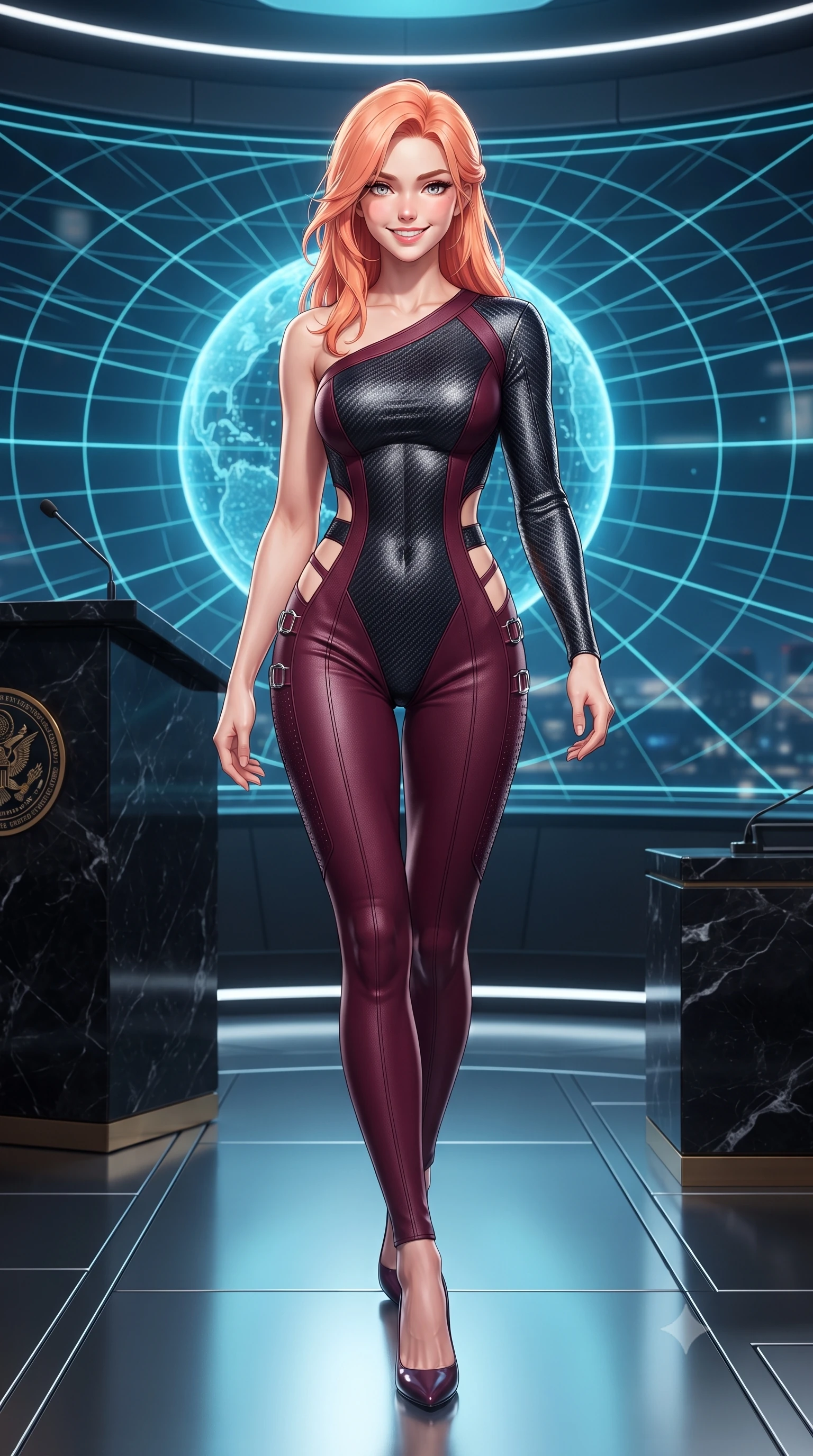 score_9, masterpiece, best quality, ultra-detailed, high-budget anime keyframe, editorial fashion photography, tasteful artistic composition, Japanese woman. low angle full-body shot from head to toe showing her feet, filling the entire 9:16 vertical frame with her statuesque presence, stretching her vertical silhouette. striding forward gracefully across the reflective metal deck in mid-motion with a radiant beaming smile, hips swaying in an alluring kinetic rhythm that accentuates her curvy hourglass silhouette and long slender legs while leaning against the black marble council podium with hips cocked back, looking into the lens with an intoxicating, commanding bedroom-gaze. The surrounding environment is rendered in vivid detail and crisp panoramic clarity: sharp holographic latitude grid lines, polished black obsidian marble podium textures, and brass seal inlays in deep focus. She has an absolutely perfect, statuesque 8.5-heads proportion, an exceptionally tall and slender model-like female figure with impossibly long slender legs, an ultra-slim waist, a flat toned midriff, narrow delicate ribcage, and beautifully sculpted feminine hips creating a graceful, slim hourglass silhouette without any bulky heaviness. sharp v-shaped jawline, high-bridge nose, intricate jewel-like sparkling eyes with depth, thick eyelashes, glossy parted lips with a natural sheen, bright confident smile with an enchanting and coquettish sensual glint, exuding both youthful magnetic charm and sovereign high-tech allure, flawlessly proportioned anatomical accuracy, strict slender model proportions, natural body alignment, perfectly sculpted long slender limbs, ultra-slim waistline, clean dynamic posture without body distortion. wearing an asymmetric one-shoulder combat catsuit with carbon-weave paneling and an open-waist architecture emphasizing her hips in deep wine crimson and dark carbon weave, made of high-grade ballistic nylon with precision laser-cut perforations, finished with sharp laser-cut side ventilation slits framed by silver hardware rings, the high-waisted tailoring accentuating her ultra-slim waistline and the enchanting curve of her feminine hips with alluring dark charm. bathed in regal gold and cyan holographic light radiating from the floating globe matrix. ultra-reflective glossy finish, specular highlights, rich textural contrasts, high-contrast stereoscopic depth, volumetric dynamic lighting, 2k, ultra detail, master piece, 9:16 ratio