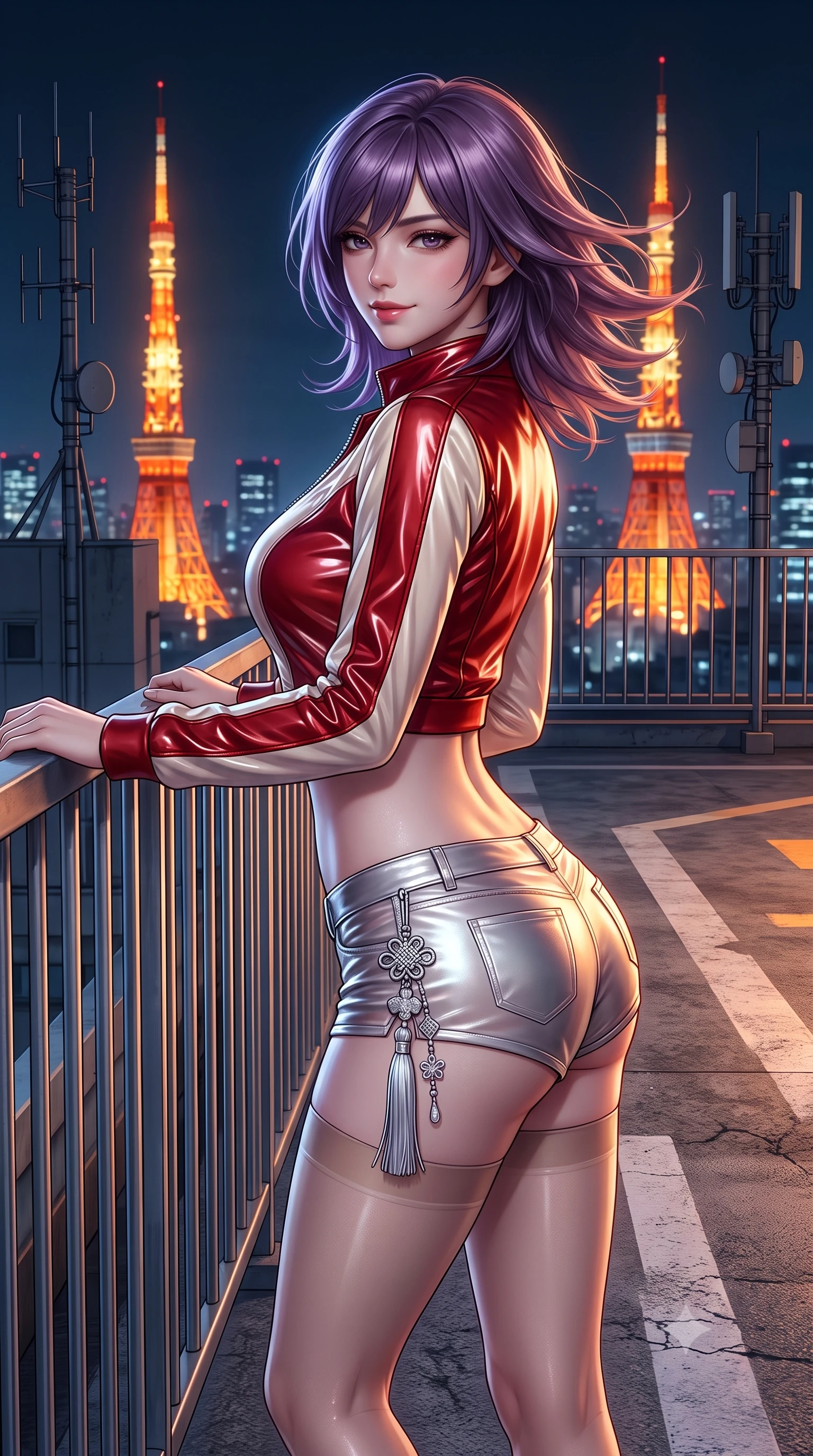 score_9, masterpiece, best quality, ultra-detailed, high-budget anime keyframe, semi-realistic 3D game render, editorial fashion photography, tasteful artistic composition, Japanese woman. close-up cowboy shot from the waist and thighs up, the character dominates the composition, filling the frame with her large presence. turning slowly with an enchanting smoldering smile, her glossy hair tossing in the breeze as her hips angle gracefully in a captivating contrapposto while leaning against the rooftop perimeter fence with relaxed alluring grace, looking back over her shoulder with an intoxicating bedroom-gaze. The surrounding environment is rendered in vivid detail and crisp panoramic clarity: sharp concrete helipad surface texture, metal perimeter railing, and distant telecommunications antenna clarity in deep focus. She has an exceptionally elegant, slender, and willowy female figure with an ultra-slim waist, flat toned midriff, narrow ribcage, and sculpted feminine hips creating an alluring, slim hourglass silhouette without bulk. sharp v-shaped jawline, high-bridge nose, sparkling eyes with hypnotic seductive depth, thick curled eyelashes, glossy parted lips with a natural dewy peach sheen, alluring bedroom-eyes with an enchanting coquettish smile, exuding magnetic siren charisma and sophisticated glamour, flawlessly proportioned anatomical accuracy, strict slender model proportions, natural body alignment, perfectly sculpted long slender limbs, ultra-slim waistline, clean dynamic posture without body distortion. wearing a form-fitting zip-front wet-look vinyl bolero jacket paired with low-rise metallic hot-pants and sheer stockings in royal vermilion crimson and pale ivory silk, made of delicate semi-sheer Korean gossamer organza with subtle pearlescent glints, accented with an intricate silver norigae tassel swaying gracefully along her curving hip line, the glove-like clinging cut tightly following the natural contour of her hips and long slender legs with youthful 8.5-heads elegance. bathed in the warm orange radiance of Tokyo Tower mixed with cool metropolitan night ambient fill. highly saturated vibrant anime colors, detailed shading with soft gradients, rich glossy textures, high-contrast stereoscopic depth, volumetric dynamic lighting, master piece, 9:16 ratio