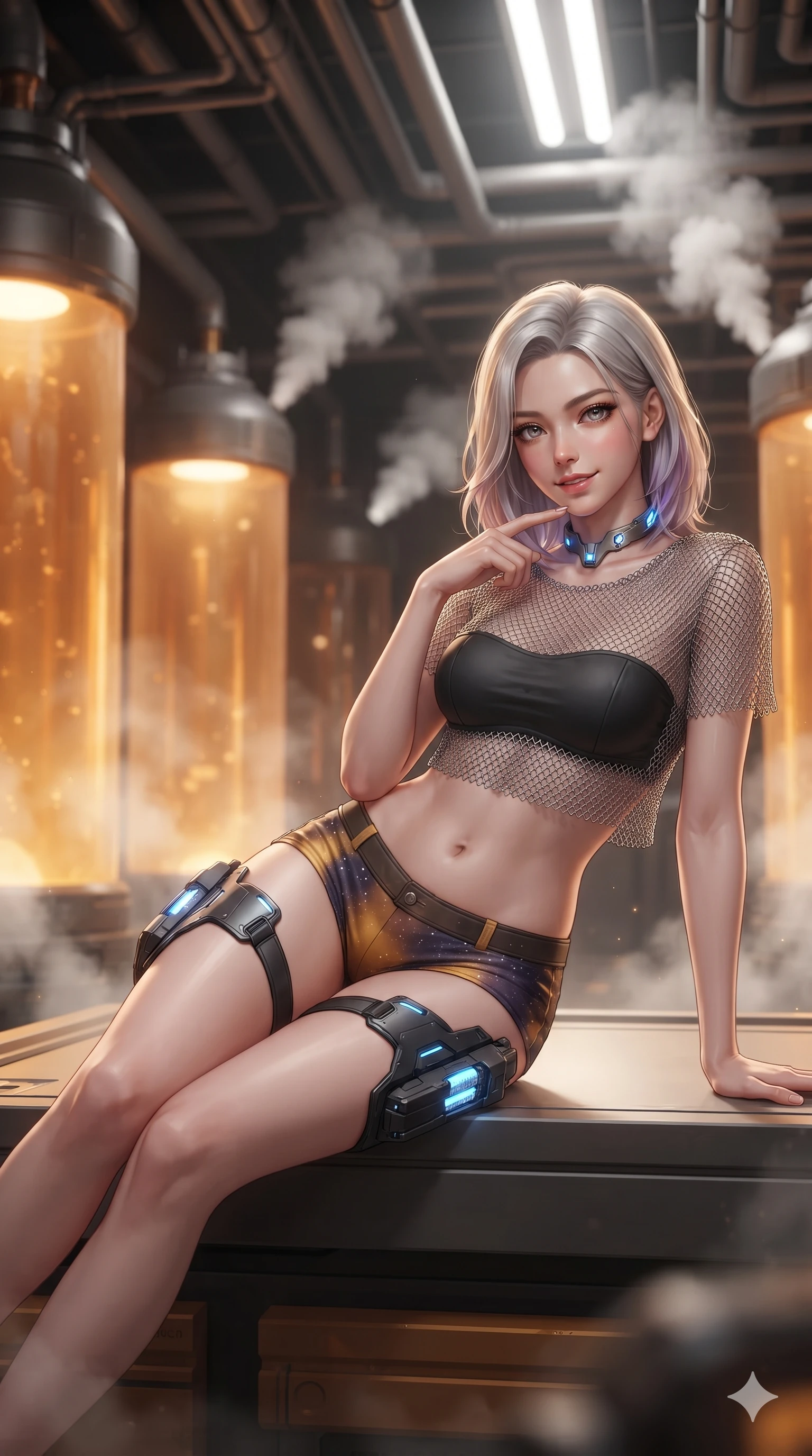 score_9, masterpiece, best quality, ultra-detailed, high-budget anime keyframe, editorial fashion photography, tasteful artistic composition, Caucasian woman. close-up cowboy shot from the waist and thighs up, the character dominates the composition, filling the frame with her large presence. tilting her head with a teasing half-smile, running one finger slowly along her glowing comm-link collar in a flirtatious gesture while reclining gracefully on an elevated maintenance platform propped on one elbow with legs extended, radiating sovereign sci-fi allure. The background shows a soft-focus towering amber coolant fluid cylinders, criss-crossing overhead piping networks, and venting white steam plumes blurred into amber, cream, and charcoal bokeh. She has an exceptionally elegant, slender, and willowy female figure with an ultra-slim waist, flat toned midriff, narrow ribcage, and sculpted feminine hips creating an alluring, slim hourglass silhouette without bulk. sharp v-shaped jawline, high-bridge nose, intricate jewel-like sparkling eyes with depth, thick eyelashes, glossy parted lips with a natural sheen, bright confident smile with an enchanting and coquettish sensual glint, exuding both youthful magnetic charm and sovereign high-tech allure, flawlessly proportioned anatomical accuracy, strict slender model proportions, natural body alignment, perfectly sculpted long slender limbs, ultra-slim waistline, clean dynamic posture without body distortion. wearing a delicate silver chainmail mesh crop top layered over a sculpted matte black bandeau with low-rise combat shorts in cosmic eclipse amber and starlight diamond, formed from supple thermal silicone composite adhering seamlessly like a second skin, complemented by sleek cybernetic thigh holsters with illuminated power cells, the impeccably tailored cut draping gracefully along her slender figure with aristocratic poise. bathed in the warm luminous glow emanating from within the amber coolant columns mixed with crisp overhead white floodlights. ultra-reflective glossy finish, specular highlights, rich textural contrasts, high-contrast stereoscopic depth, volumetric dynamic lighting, 2k, ultra detail, master piece, 9:16 ratio