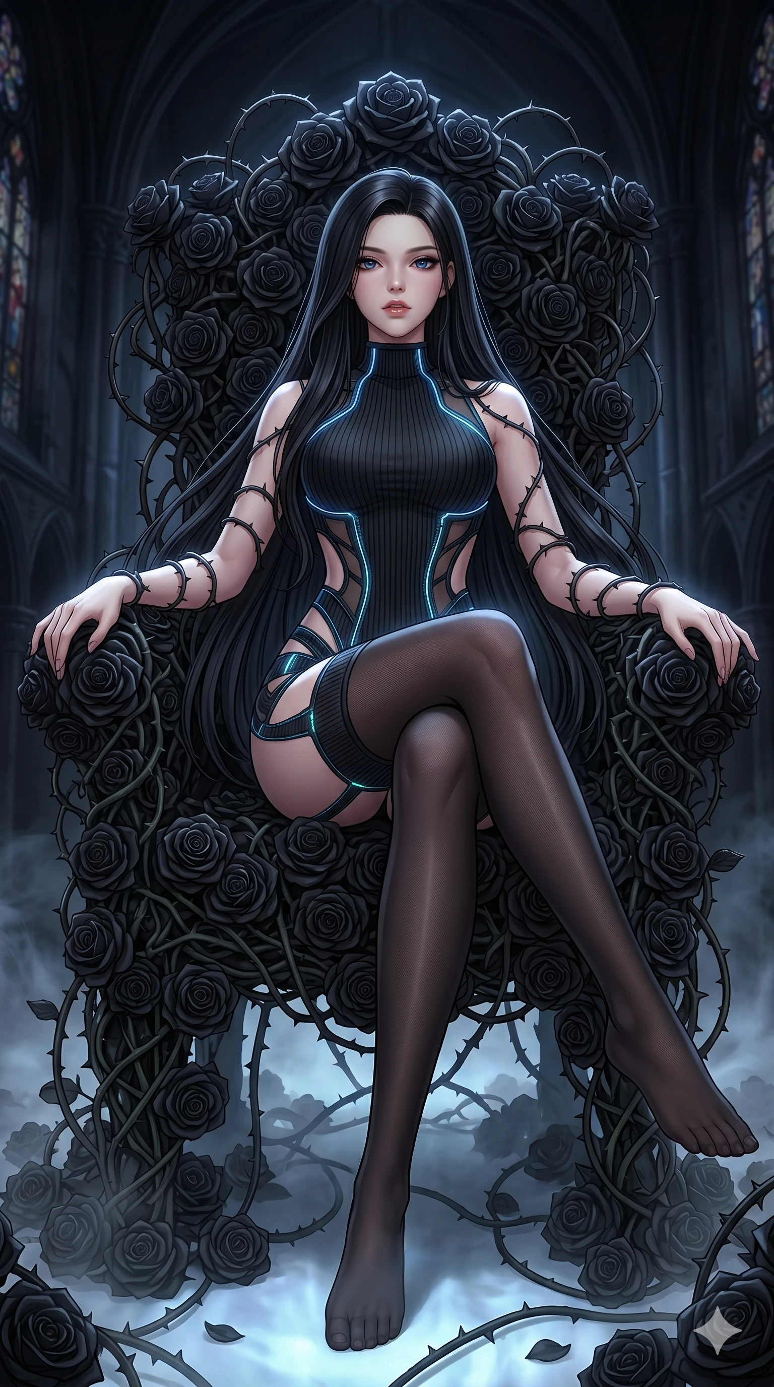 score_9, masterpiece, best quality, ultra-detailed, High-budget Anime Keyframe, East Asian woman. Dynamic full-body shot stretching the vertical silhouette to the limit. Scenario 170: Resting on a throne of black roses, thorns grazing her skin. Her presence is magnetic and overpowering in this high-budget anime scene. Outfit 170: A ribbed bodycon knit garter with a strategic side cut-outs and glowing LED seams. The clothing is designed to emphasize her exceptionally tall and slender 8-heads proportion. 8-heads proportion, towering silhouette, ultra-slim waist. sharp v-shaped jawline, intricate jewel-like eyes with depth, thick eyelashes, glossy lips. 2k, ultra detail, master piece, 9:16 ratio