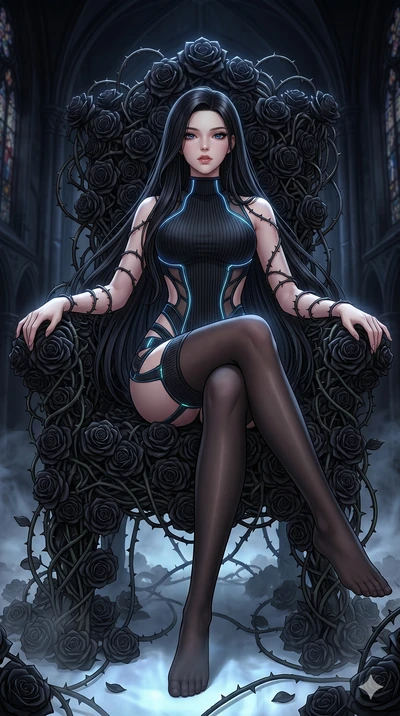 score_9, masterpiece, best quality, ultra-detailed, High-budget Anime Keyframe, East Asian woman. Dynamic full-body shot stretching the vertical silhouette to the limit. Scenario 170: Resting on a throne of black roses, thorns grazing her skin. Her p