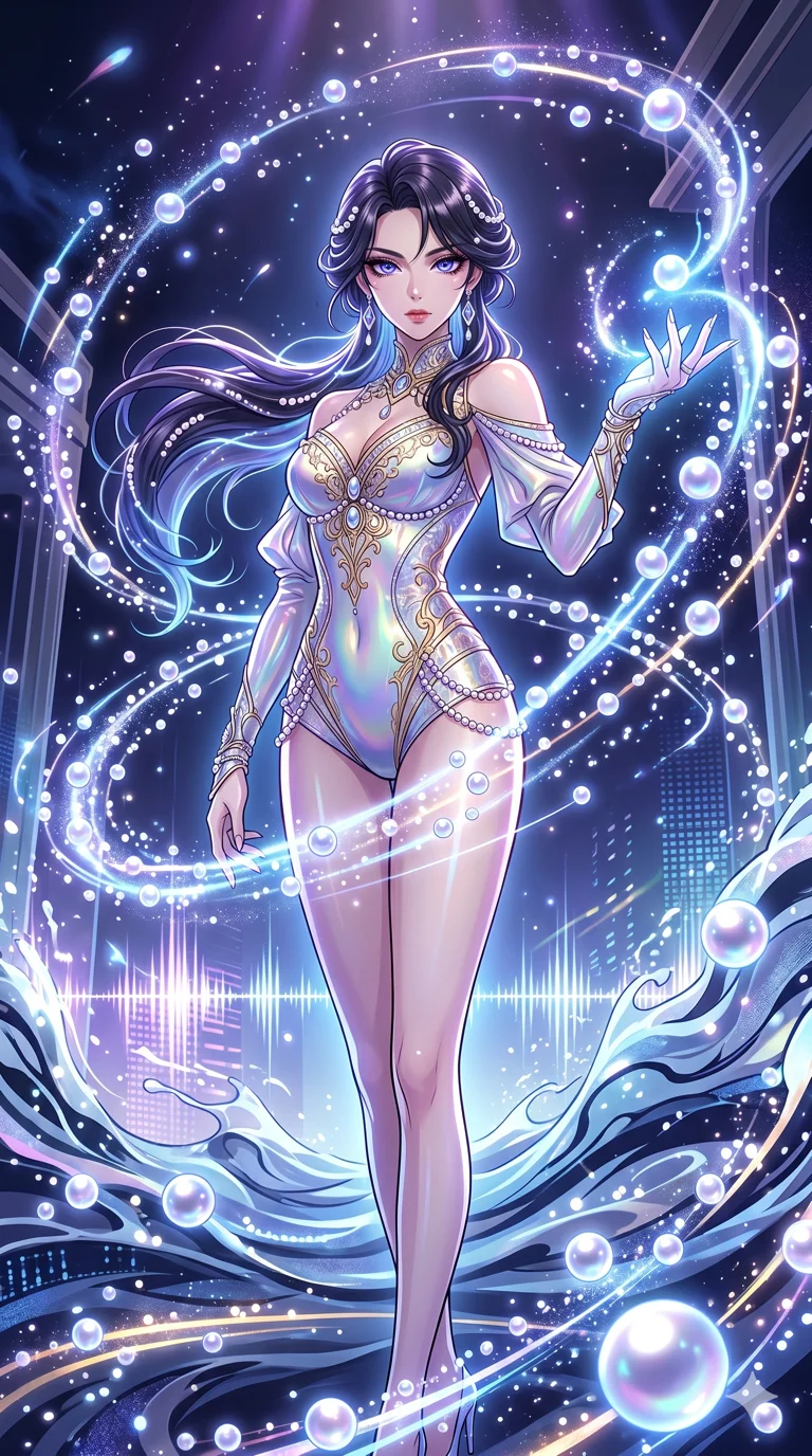 score_9, masterpiece, best quality, ultra-detailed, High-budget Anime Keyframe, vibrant colors, fluid line-art, expressive lighting, cinematic composition, Ufotable-style visual effects, top-tier animation quality, Korean woman with idol-like refined features. Medium shot from the thighs up, her commanding presence occupying two-thirds of the frame. Summoning a cascade of liquid pearls that orbit her like tiny, glowing planets. She has an absolutely perfect 8-heads proportion, an exceptionally tall and slender female figure with impossibly long slender legs and an ultra-slim waist, her statuesque height and towering silhouette dominating the vertical 9:16 frame. Her face is a masterpiece featuring a sharp v-shaped jawline, high-bridge nose, intricate jewel-like eyes with depth, thick eyelashes, and glossy lips with a natural sheen. She is wearing a Liquid pearl fabric bodysuit that shimmers with an iridescent sheen, with elegant off-shoulder sleeves. The scene is set in an abstract digital ocean where the water is made of flowing ink and sound waves. 2k, ultra detail, master piece, 9:16 ratio