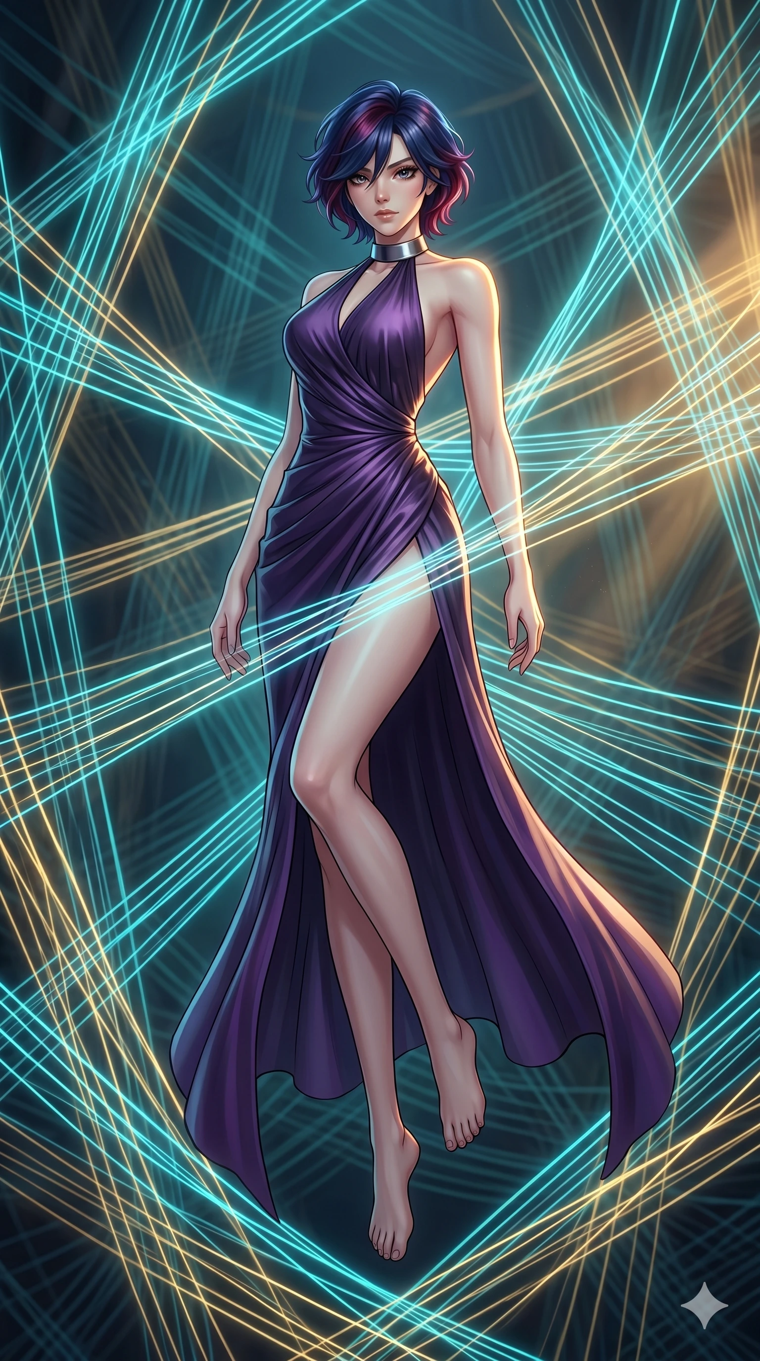 score_9, masterpiece, best quality, ultra-detailed, high-budget anime keyframe, Japanese woman. low angle full-body shot filling the entire 9:16 frame with her statuesque presence, stretching the vertical silhouette. floating suspended in an ethereal loom room where millions of luminescent cyan and gold threads intersect and weave geometric patterns. She has an absolutely perfect 8-heads proportion, an exceptionally tall and slender female figure with impossibly long slender legs and an ultra-slim waist. V-shaped jawline, high-bridge nose, intricate jewel-like eyes with depth, thick eyelashes, glossy lips with a natural sheen.. wearing a gothic liquid silk gown, featuring a deep purple liquid silk maxi gown draped around her, secured by a metallic choker collar, with a high side slit. showcasing a beautiful play of light and shadow, with warm golden rays clashing against cool cyan highlights. 2k, ultra detail, master piece, 9:16 ratio