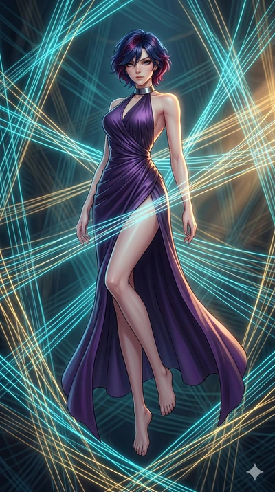 score_9, masterpiece, best quality, ultra-detailed, high-budget anime keyframe, Japanese woman. low angle full-body shot filling the entire 9:16 frame with her statuesque presence, stretching the vertical silhouette. floating suspended in an ethereal