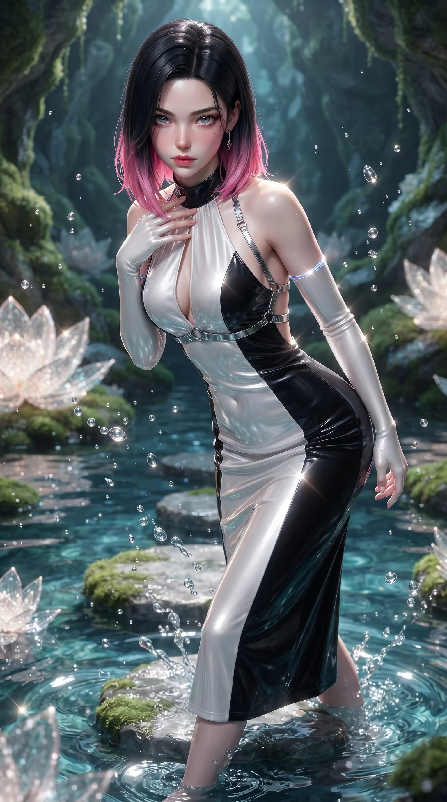score_9, masterpiece, best quality, ultra-detailed, high-budget anime keyframe, editorial fashion photography, tasteful artistic composition, Korean woman. close-up cowboy shot from the waist and thighs up, the character dominates the composition, filling the frame with her large presence. leaning forward with a dangerous, enticing smolder, resting one hand near her collarbone while casting a fiery, magnetic direct gaze while pivoting dynamically on a submerged stepping stone as water droplets sparkle like pearls in mid-air. The surrounding environment is rendered in vivid detail and crisp panoramic clarity. intricate pearl lotus petal textures, crystal-clear water pool ripples, and mossy grotto walls in deep focus. She has an exceptionally elegant, slender, and willowy female figure with an ultra-slim waist, a gracefully sculpted slender torso, toned flat midriff, and a refined slim silhouette. sharp v-shaped jawline, high-bridge nose, intricate jewel-like eyes with depth, thick eyelashes, glossy lips with a natural sheen, flawlessly proportioned anatomical accuracy, strict slender model proportions, natural body alignment, perfectly sculpted long slender limbs, ultra-slim waistline, clean dynamic posture without body distortion. wearing a velvet halter-neck midi dress fitting her statuesque contour flawlessly with a Tasteful chest slit and open spine in high-gloss monochrome white and sharp black contrast, made of smooth iridescent silk chiffon that shifts colors with movement, reinforced by a sleek metallic chrome harness and delicate glowing micro-straps, the glove-like aerodynamic second-skin fit tightly clinging to her ultra-slender waist and athletic curves without adding bulk, accentuating her razor-sharp statuesque lines and slim hourglass silhouette. illuminated by soft glowing pearl lotus uplights and sparkling specular highlights tracing her curves. ultra-reflective glossy finish, specular highlights, metallic sheen, high-contrast stereoscopic depth, volumetric dynamic lighting, 2k, ultra detail, master piece, 9:16 ratio