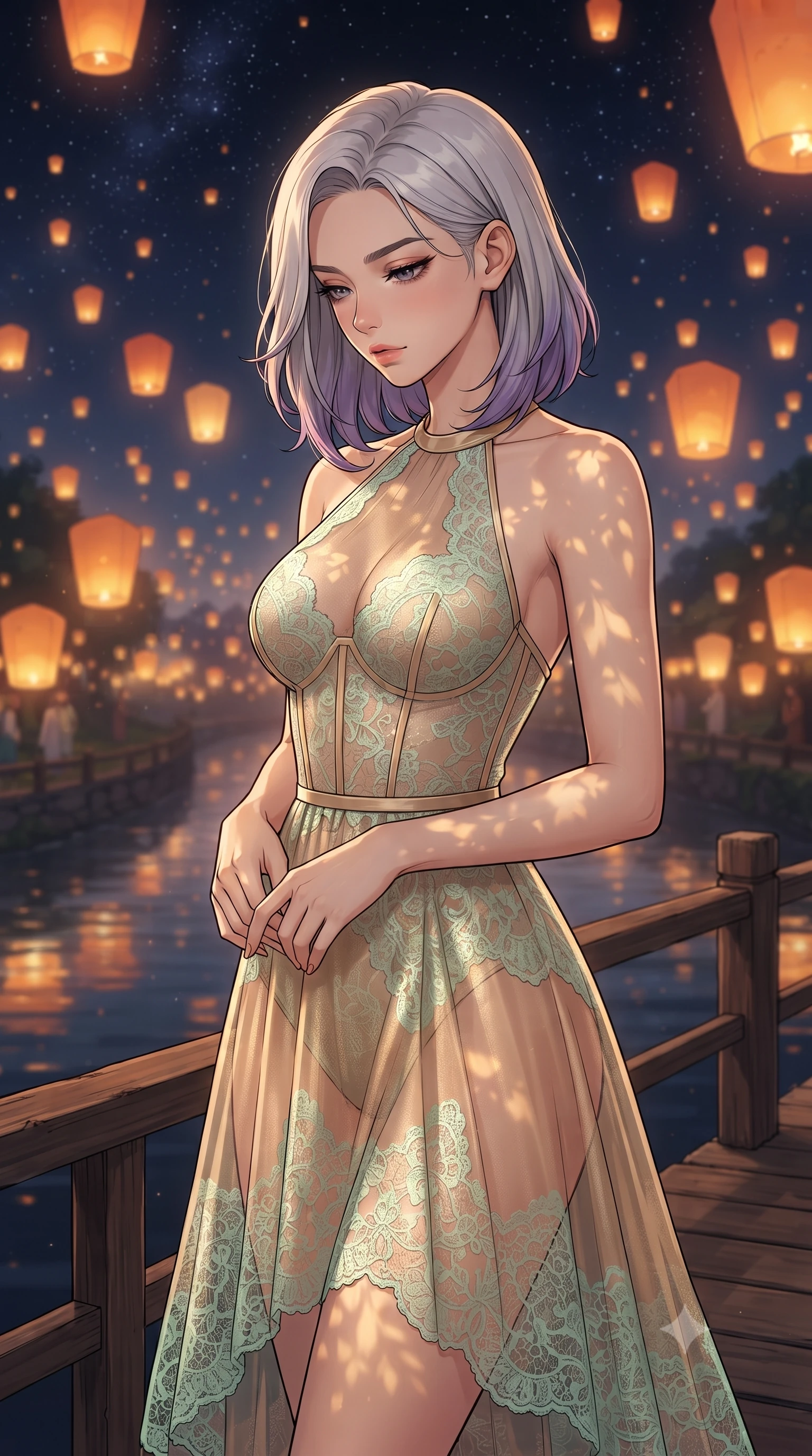 score_9, masterpiece, best quality, ultra-detailed, high-budget anime keyframe, gorgeous anime illustration, with clean line-art and distinct ink outlines, Caucasian woman, strictly human ears. close-up cowboy shot from the waist and thighs up, the character dominates the composition, filling the frame with her large presence, background elements kept in soft focus. Looking down with lowered lashes and a composed powerful expression. set against a soft-focus background of on a wooden bridge over a quiet canal at night, as thousands of warm orange paper lanterns float up into a dark sky filled with stars, reflecting on the calm water. She has an exceptionally elegant and slender, willowy female figure with an ultra-slim waist, a gracefully sculpted slender torso, and a refined slim physique. sharp v-shaped jawline, high-bridge nose, intricate jewel-like eyes with depth, thick eyelashes, glossy lips with a natural sheen. wearing a semi-transparent halter dress in champagne gold, featuring a mint green lace overlay and visible corset. warm golden afternoon sunbeams casting soft organic leaf shadows across her skin. 2k, ultra detail, master piece, 9:16 ratio, vibrant anime color palette, detailed cel-shading with soft gradients, rich contrast, dynamic lighting, 2d animation style