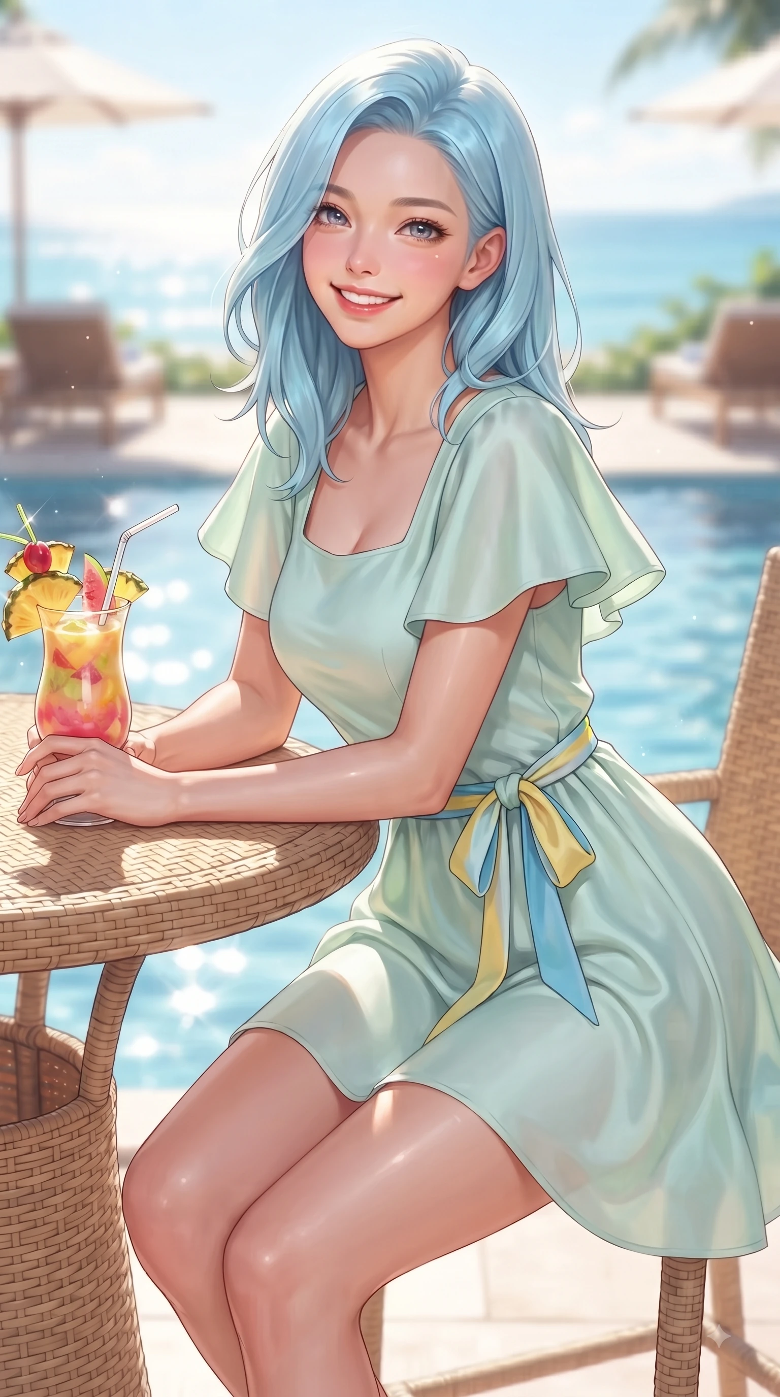 score_9, masterpiece, best quality, ultra-detailed, high-budget anime keyframe, editorial fashion photography, tasteful artistic composition, Korean woman. close-up cowboy shot from the waist and thighs up, the character dominates the composition, filling the frame with her large presence. Cheerful beaming smile with sparkling eyes and a fresh girlhood aura, leaning forward with playful grace while sitting at a sun-drenched wicker poolside table enjoying a colorful tropical fruit smoothie. The composition keeps background elements in soft focus with dreamy bokeh. sun-drenched pool reflections and ocean views blurred into a soft, relaxing backdrop. She has an exceptionally elegant, slender, and willowy female figure with an ultra-slim waist, a gracefully sculpted slender torso, and a refined silhouette. sharp v-shaped jawline, high-bridge nose, intricate jewel-like eyes with depth, thick eyelashes, glossy lips with a natural sheen, flawlessly proportioned anatomical accuracy, natural body alignment, perfectly sculpted elegant limbs, clean dynamic posture without body distortion. wearing a stylish pastel mint trench dress with a tied belt waist and folded collar in sunny daffodil yellow and clear sky blue, crafted from smooth fluid silk satin, featuring elegant flutter sleeves and a graceful square neckline, the breezy lightweight fabric fluttering softly against her delicate frame. surrounded by an exclusive, sun-drenched, and relaxing resort atmosphere. ultra-reflective glossy finish, specular highlights, metallic sheen, high-contrast stereoscopic depth, volumetric dynamic lighting, 2k, ultra detail, master piece, 9:16 ratio