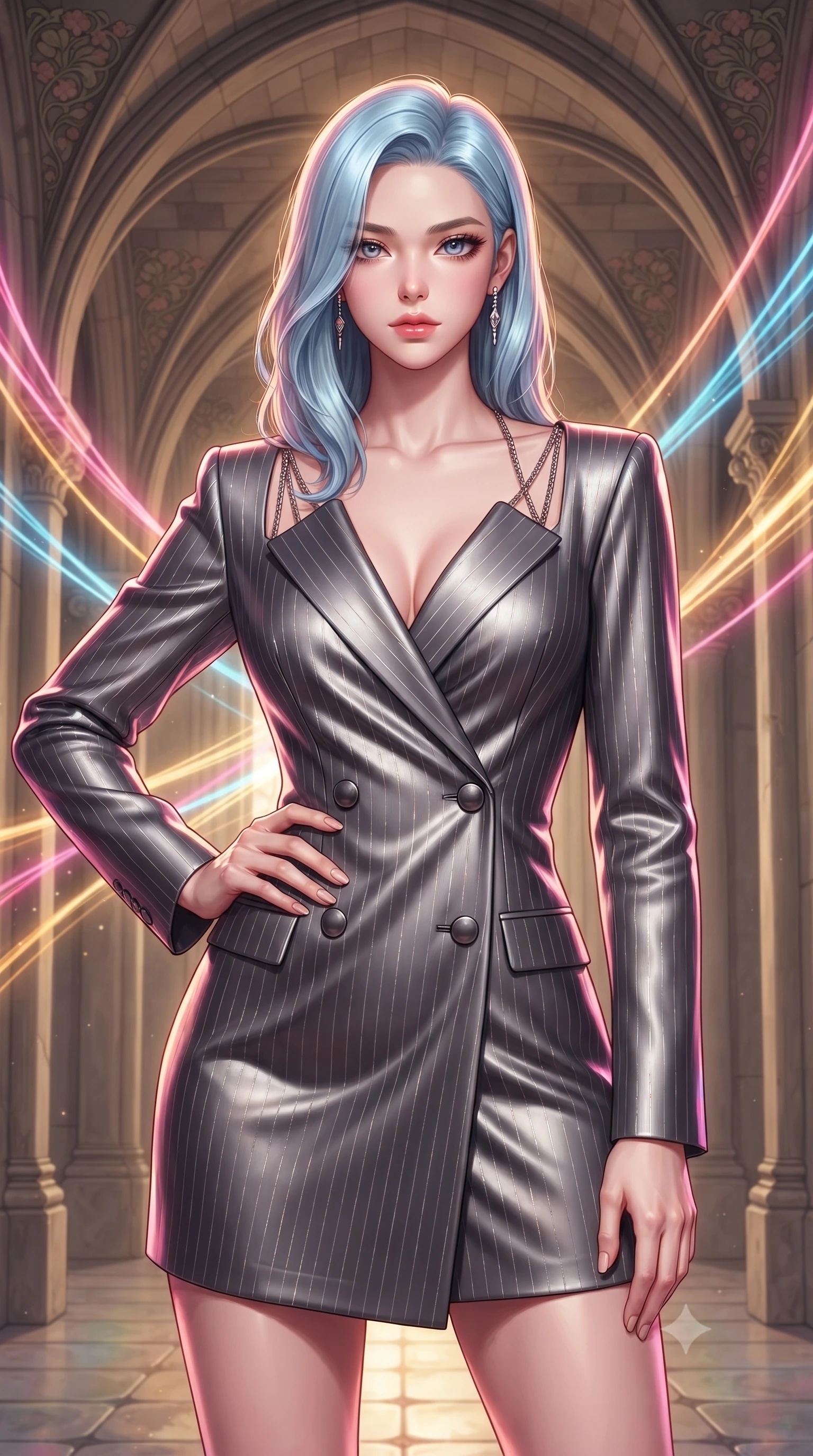 score_9, masterpiece, best quality, ultra-detailed, high-budget anime keyframe, editorial fashion photography, tasteful artistic composition, Korean woman. close-up cowboy shot from the waist and thighs up, the character dominates the composition, filling the frame with her large presence, background elements kept in soft focus. Holding a confident power pose with one hand on her hip, gazing directly into the camera with quiet intensity guiding glowing choir light threads weaving through majestic vaulted arches, intricate floral Art Nouveau motifs decorating the surrounding stone. She has an exceptionally elegant, slender, and willowy female figure with an ultra-slim waist, a gracefully sculpted slender torso, and a refined silhouette. sharp v-shaped jawline, high-bridge nose, intricate jewel-like eyes with depth, thick eyelashes, glossy lips with a natural sheen. wearing a double-breasted blazer dress with metallic pin-stripes in charcoal grey and platinum, crafted from lustrous satin jersey with fluid draping, adorned with delicate metallic chain straps along the neckline, the glove-like fit emphasizing her statuesque silhouette. illuminated by a warm golden key light and brilliant multi-color rim light. highly saturated vibrant anime colors, detailed shading with soft gradients, rich glossy textures, high-contrast stereoscopic depth, volumetric dynamic lighting, master piece, 9:16 ratio