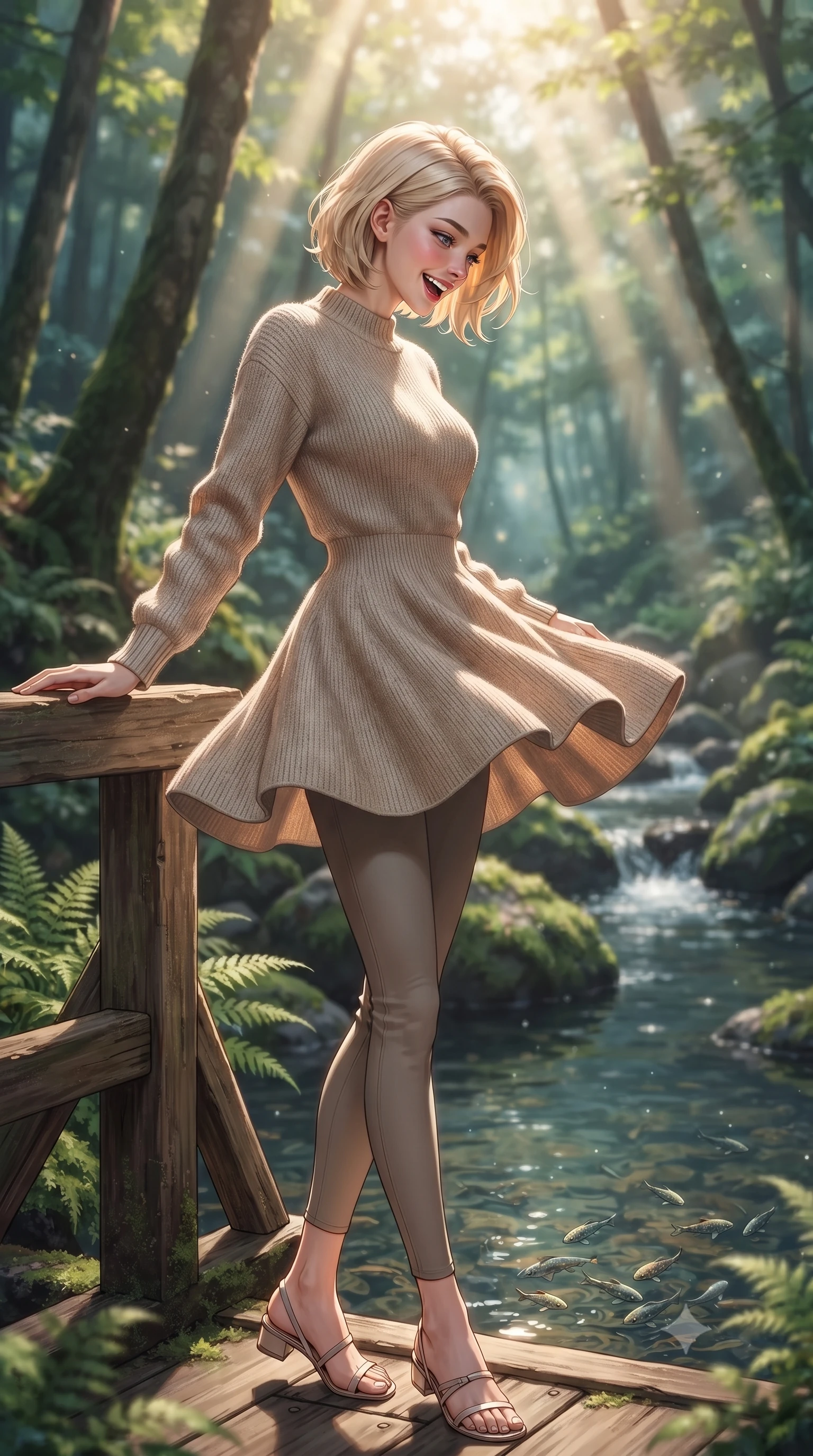 score_9, masterpiece, best quality, ultra-detailed, high-budget anime keyframe, editorial fashion photography, tasteful artistic composition, Caucasian woman. low angle full-body shot from head to toe showing her feet, filling the entire 9:16 vertical frame with her statuesque presence, stretching her vertical silhouette. twirling around with a playful, sensual laugh, her dress fluttering elegantly to accent her waistline set against a soft-focus background of next to a quiet forest pond fed by a cold mountain stream resting her hand on the wooden bridge railing, looking down at the fish. She has an absolutely perfect, statuesque 8.5-heads proportion, an exceptionally tall and slender model-like female figure with impossibly long slender legs and an ultra-slim waist. sharp v-shaped jawline, high-bridge nose, intricate jewel-like eyes with depth, thick eyelashes, glossy lips with a natural sheen. wearing tailored cozy knit sweater in oatmeal, paired with activewear pants. cool forest shadows contrasting with warm shafts of sunbeams. highly saturated vibrant anime colors, detailed shading with soft gradients, rich glossy textures, high-contrast stereoscopic depth, volumetric dynamic lighting, master piece, 9:16 ratio