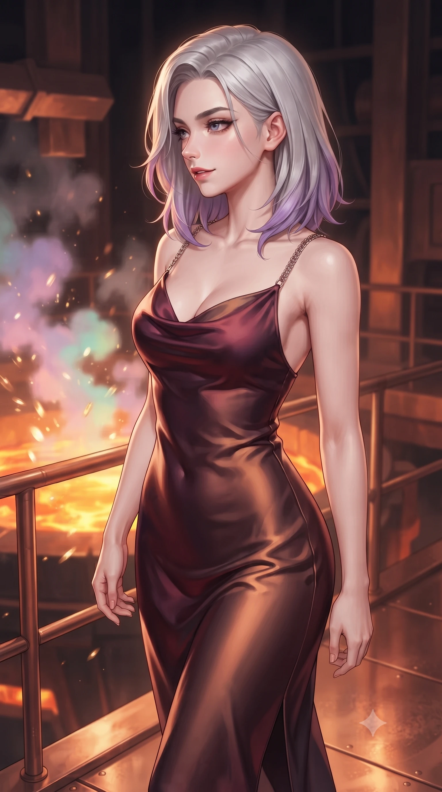 score_9, masterpiece, best quality, ultra-detailed, high-budget anime keyframe, editorial fashion photography, tasteful artistic composition, Caucasian woman. close-up cowboy shot from the waist and thighs up, the character dominates the composition, filling the frame with her large presence, background elements kept in soft focus. Glancing sidelong over her shoulder with a smoldering half-smile and heavy lashes standing on a copper cat-walk over a glowing vat of molten liquid aurora energy, pastel-colored steam clouds scattering bright metallic reflections. She has an exceptionally elegant, slender, and willowy female figure with an ultra-slim waist, a gracefully sculpted slender torso, and a refined silhouette. sharp v-shaped jawline, high-bridge nose, intricate jewel-like eyes with depth, thick eyelashes, glossy lips with a natural sheen. wearing an elegant cowl-neck satin midi dress with a draped neckline in deep burgundy and bronze, crafted from smooth liquid silk, adorned with delicate metallic chain straps along the neckline, the sleek second-skin texture accentuating her magnetic presence. surrounded by a warm, powerful industrial fantasy atmosphere. highly saturated vibrant anime colors, detailed shading with soft gradients, rich glossy textures, high-contrast stereoscopic depth, volumetric dynamic lighting, master piece, 9:16 ratio