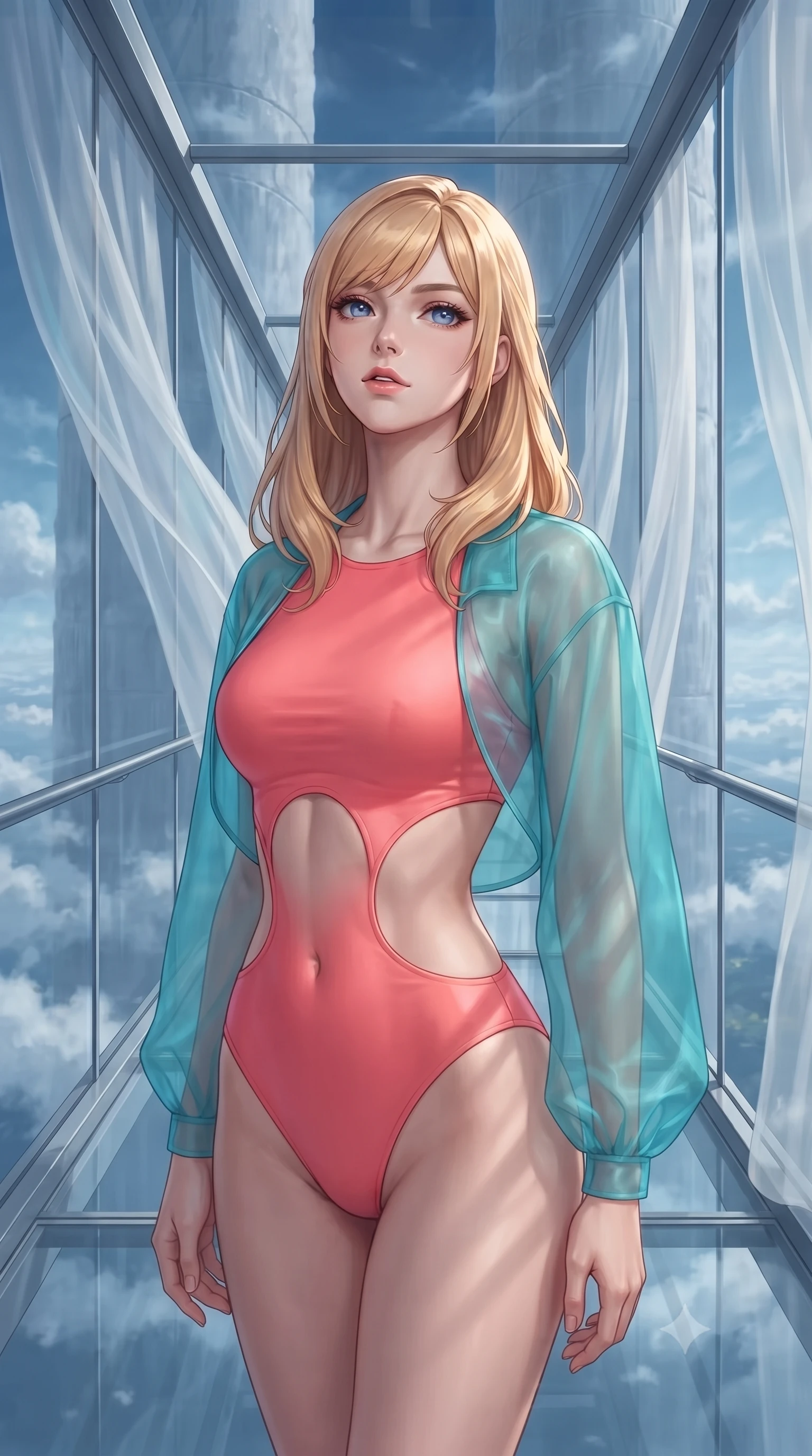 score_9, masterpiece, best quality, ultra-detailed, high-budget anime keyframe, editorial fashion photography, tasteful artistic composition, Caucasian woman, strictly human ears. close-up cowboy shot from the waist and thighs up, the character dominates the composition, filling the frame with her large presence, background elements kept in soft focus. Tilting her chin up slightly with lips parted in a composed expression. set against a soft-focus background of a narrow glass-walled and glass-floored bridge suspended between two cloud-piercing towers with wind-swept clouds drifting at the same altitude and nothing but sky and distant earth visible in every direction. She has an exceptionally elegant and slender, willowy female figure with an ultra-slim waist, a gracefully sculpted slender torso, and a refined slim physique. sharp v-shaped jawline, high-bridge nose, intricate jewel-like eyes with depth, thick eyelashes, glossy lips with a natural sheen. wearing a vibrant coral pink bodysuit with a dramatic open-waist cutout, layered with a sheer turquoise organza wrap shrug. cold silver moonlight filtered through translucent gossamer curtains casting delicate shadows. 2k, ultra detail, master piece, 9:16 ratio