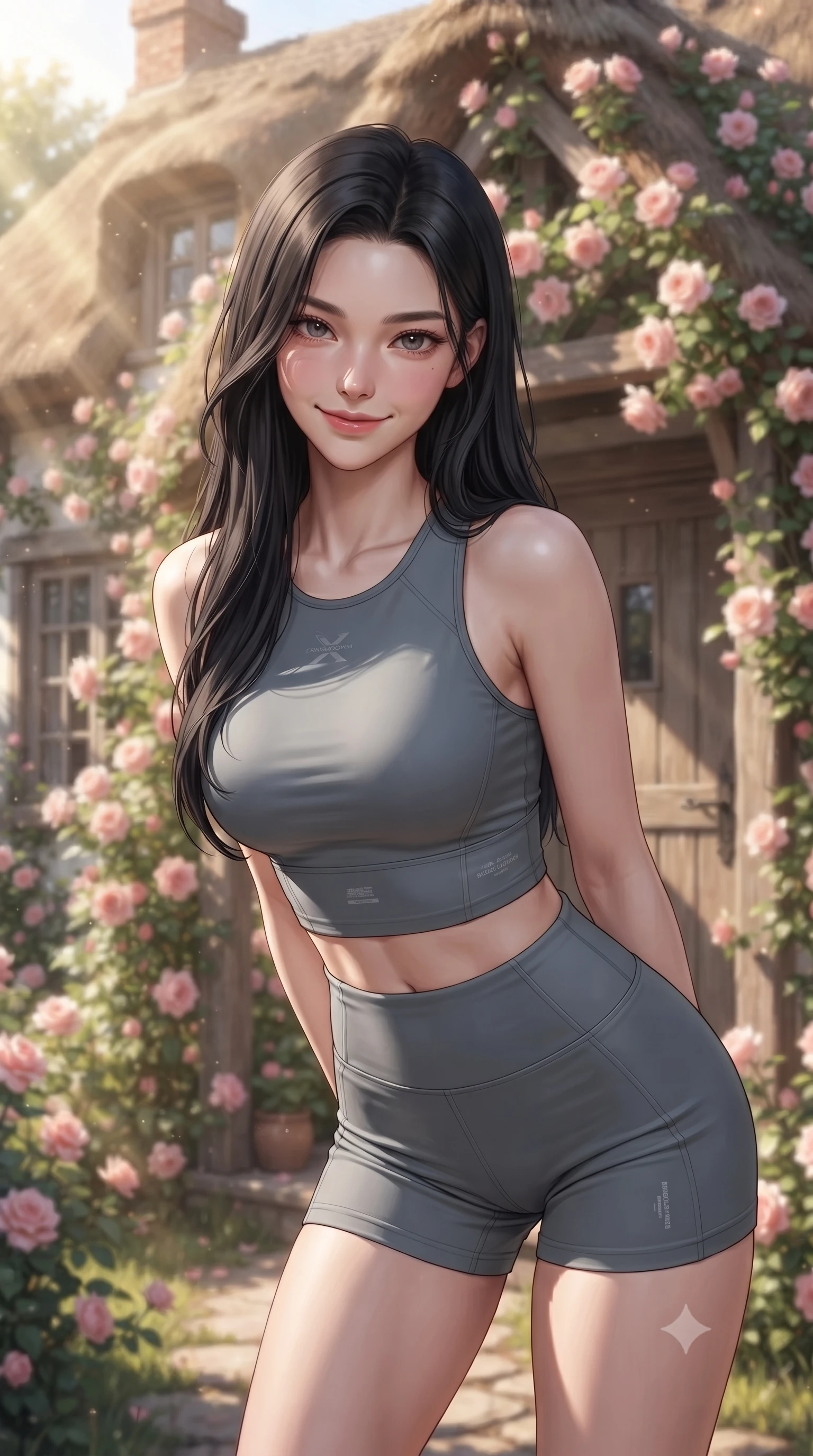 score_9, masterpiece, best quality, ultra-detailed, high-budget anime keyframe, editorial fashion photography, tasteful artistic composition, Korean woman woman. close-up cowboy shot from the waist and thighs up, the character dominates the composition, filling the frame with her large presence, background elements kept in soft focus. leaning slightly forward with a playful, teasing smile, her gaze locked onto the viewer the background shows a soft-focus the front porch of a charming thatched-roof cottage covered in climbing pink roses. She has an exceptionally elegant, slender, and willowy female figure with an ultra-slim waist, a gracefully sculpted slender torso, and a refined silhouette. sharp v-shaped jawline, high-bridge nose, intricate jewel-like eyes with depth, thick eyelashes, glossy lips with a natural sheen. wearing a slim-fit body-hugging athletic crop top and high-waisted shorts set in slate grey. warm morning sunbeams highlighting the rustic wooden door and flowers. ultra-reflective glossy finish, specular highlights, metallic sheen, high-contrast stereoscopic depth, volumetric dynamic lighting, 2k, ultra detail, master piece, 9:16 ratio