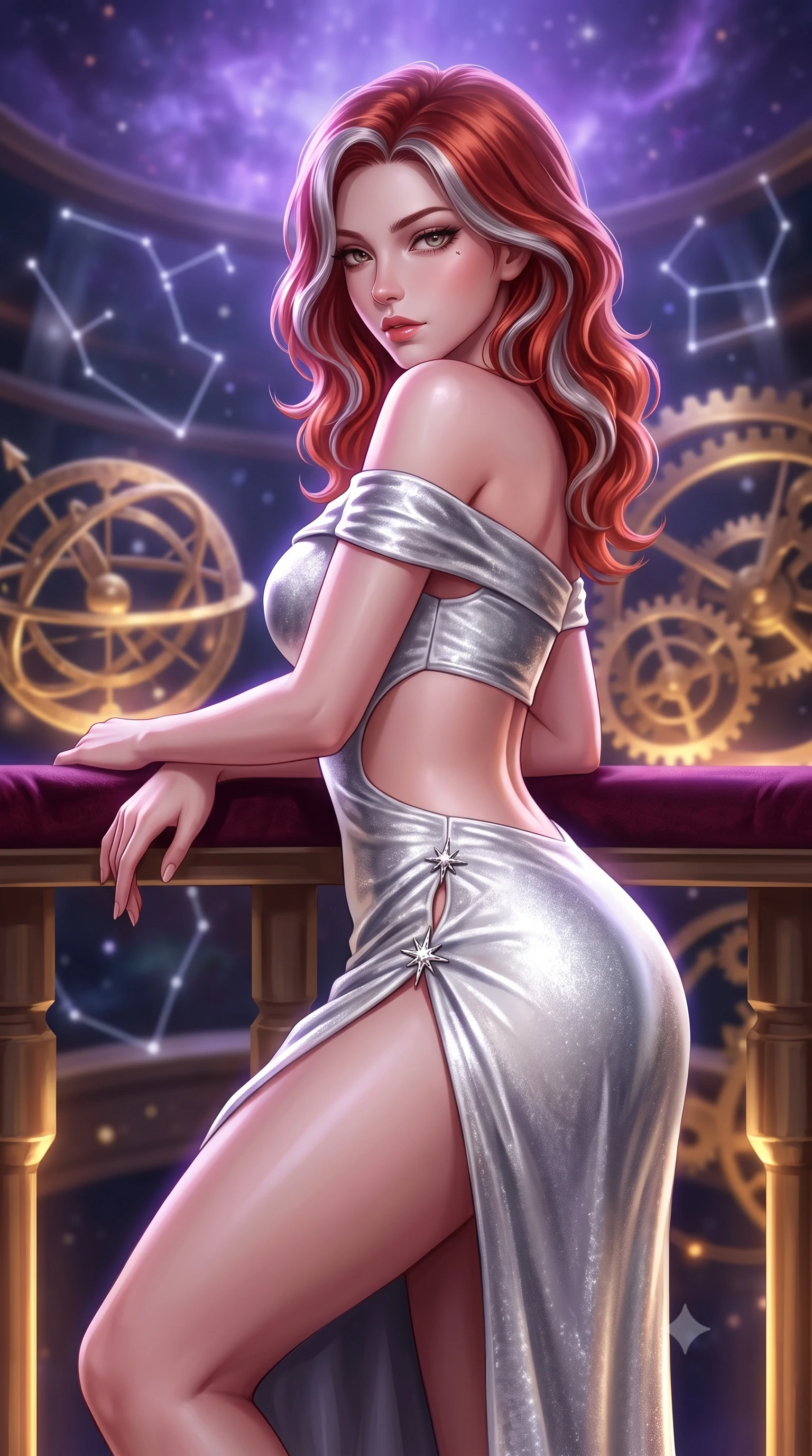 score_9, masterpiece, best quality, ultra-detailed, high-budget anime keyframe, semi-realistic 3D game render, editorial fashion photography, tasteful artistic composition, Caucasian woman. close-up cowboy shot from the waist and thighs up, the character dominates the composition, filling the frame with her large presence. leaning back with relaxed seductive grace, her sculpted collarbones and narrow waist highlighted as she casts smoldering bedroom-eyes directly into the camera while reclining on a velvet-lined observation platform propped on one elbow, looking back over her shoulder with an intoxicating bedroom-gaze. The composition keeps background elements in soft focus with creamy bokeh. glowing brass astrolabe gears and constellation hologram lines softened in romantic shallow focus. She has an exceptionally elegant, slender, and willowy female figure with an ultra-slim waist, a gracefully sculpted slender torso, toned flat midriff, and rounded feminine hips creating an alluring hourglass silhouette. sharp v-shaped jawline, high-bridge nose, intricate jewel-like eyes with depth, thick eyelashes, glossy parted lips with a natural sheen, intensely captivating and seductive bedroom-eyes expression, flawlessly proportioned anatomical accuracy, strict slender model proportions, natural body alignment, perfectly sculpted long slender limbs, ultra-slim waistline, clean dynamic posture without body distortion. wearing an off-shoulder celestial velvet gown with an architectural open-waist cutout and high side slit in shimmering silver mercury and pearl white, crafted from heavyweight crushed silk velvet with liquid frost luster, finished with an ultra-high side slit secured by miniature starburst clasps, the second-skin form-contouring cut accentuating her sculpted flat midriff, narrow waistline, and dramatically curvy hips without adding bulk. bathed in cool violet nebula glow from above and warm golden brass indicator uplights. highly saturated vibrant anime colors, detailed shading with soft gradients, rich glossy textures, high-contrast stereoscopic depth, volumetric dynamic lighting, master piece, 9:16 ratio