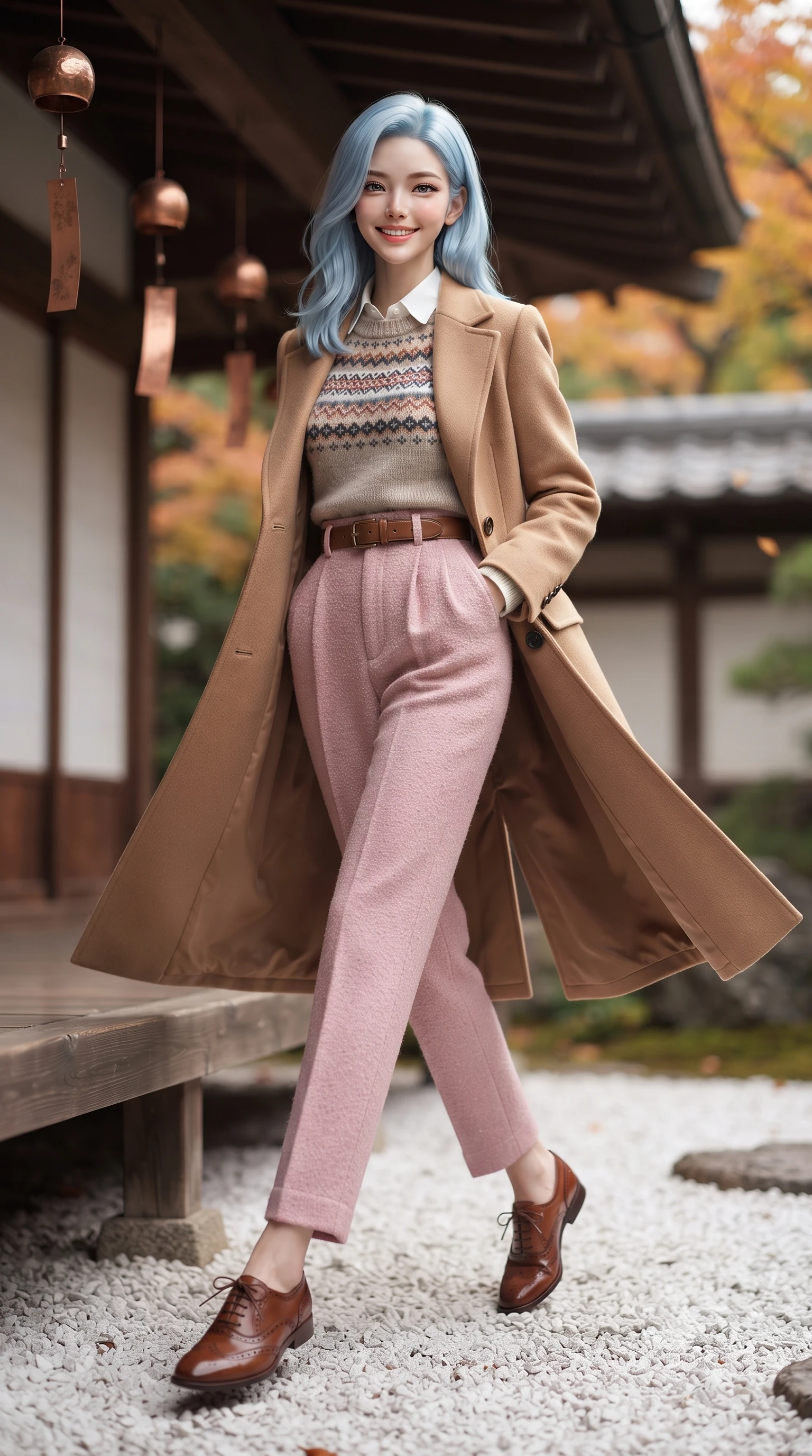 score_9, masterpiece, best quality, ultra-detailed, high-budget anime keyframe, editorial fashion photography, tasteful artistic composition, Korean woman. low angle full-body shot from head to toe showing her feet, filling the entire 9:16 vertical frame with her statuesque presence, stretching her vertical silhouette. stepping forward gracefully in mid-motion with a radiant beaming smile, her long tailored coat fluttering around her slender legs while sitting gracefully on the polished cypress wood engawa veranda, legs turned demurely to the side, smiling with gentle Kyoto serenity. The background shows a soft-focus traditional cedar eaves and hanging copper wind chimes softened in timeless autumn temple sanctuary shallow focus. She has an exceptionally tall and slender model-like 8.5-heads proportion, an ultra-slim waist, a flat toned midriff, narrow delicate ribcage, and beautifully sculpted feminine hips creating a graceful, slim hourglass silhouette without any bulky heaviness, with impossibly long slender legs. sharp v-shaped jawline, high-bridge nose, intricate jewel-like sparkling eyes with depth, thick eyelashes, glossy parted lips with a natural peach sheen, bright cheerful beaming smile with an enchanting and coquettish sensual glint, exuding both youthful cute charm and seductive allure, flawlessly proportioned anatomical accuracy, strict slender model proportions, natural body alignment, perfectly sculpted long slender limbs, ultra-slim waistline, clean dynamic posture without body distortion. wearing a Fair Isle patterned lambswool knit sweater layered over an Oxford button-down shirt with pleated wool trousers in Parisian pastel rose bouclé and cream pearl, tailored from heritage British Harris Tweed with rich multi-tonal yarn weave, complemented by classic polished leather oxfords with brogue perforations, the structured cinched belt emphasizing her narrow waistline and gracefully balanced proportions with timeless haute-couture polish. illuminated by white gravel garden bounce and warm vermilion-gold rim lights defining her delicate features, jawline, and graceful silhouette. ultra-reflective glossy finish, specular highlights, rich textural contrasts, high-contrast stereoscopic depth, volumetric dynamic lighting, 2k, ultra detail, master piece, 9:16 ratio