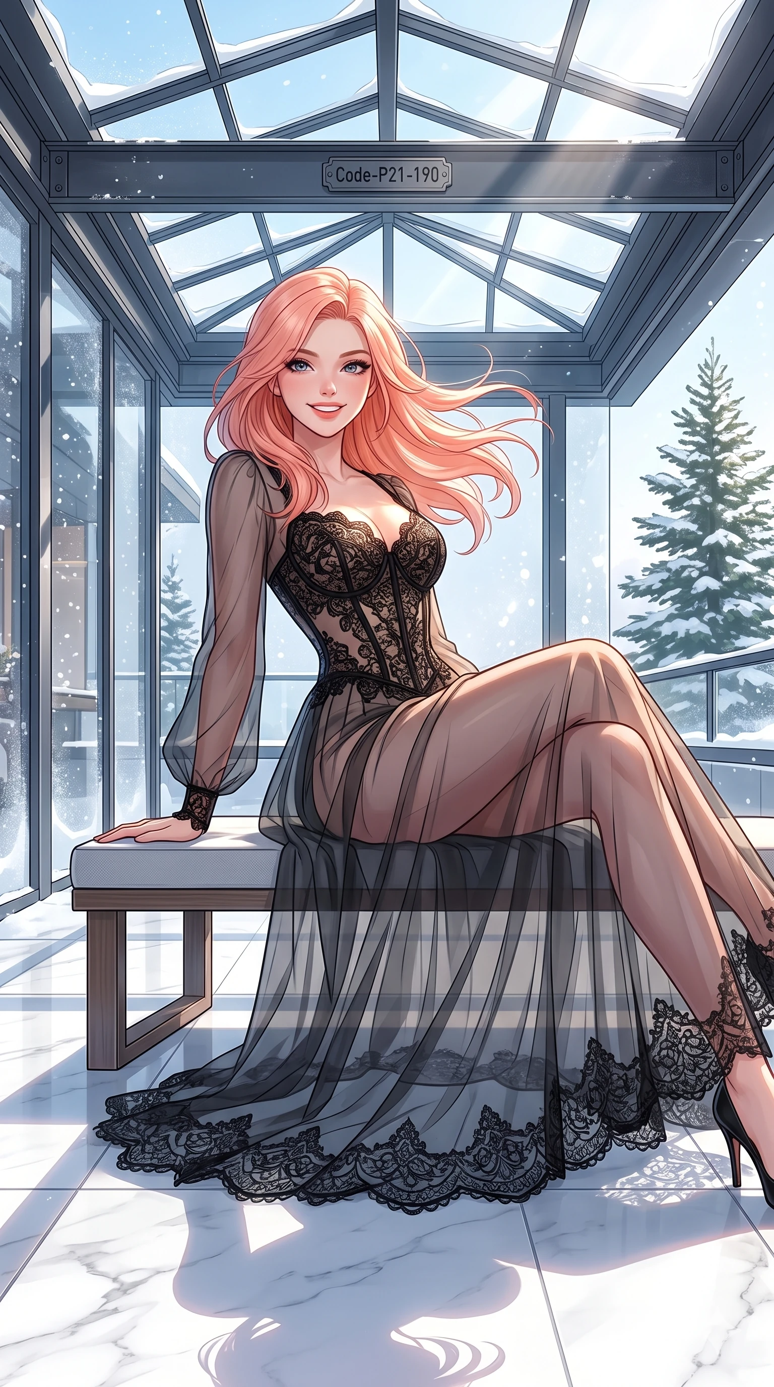 score_9, masterpiece, best quality, ultra-detailed, high-budget anime keyframe, vibrant anime aesthetic, Japanese woman. cowboy shot from the thighs up, character and outfit filling the frame for maximum presence. She is leaning back with a bright, radiant winter smile, looking directly into the lens by a resort lobby patio under a winter skylight (Code-P21-190). She has an absolutely perfect 8-heads proportion, an exceptionally tall and slender female figure with impossibly long slender legs and an ultra-slim waist. V-shaped jawline, high-bridge nose, intricate jewel-like eyes with depth, thick eyelashes, glossy lips with a natural sheen. wearing a semi-transparent chiffon gown featuring a black lace corset bodice in winter. She is illuminated by brilliant winter sunbeams casting sharp shadows on the clean marble terrace. 2k, ultra detail, master piece, 9:16 ratio