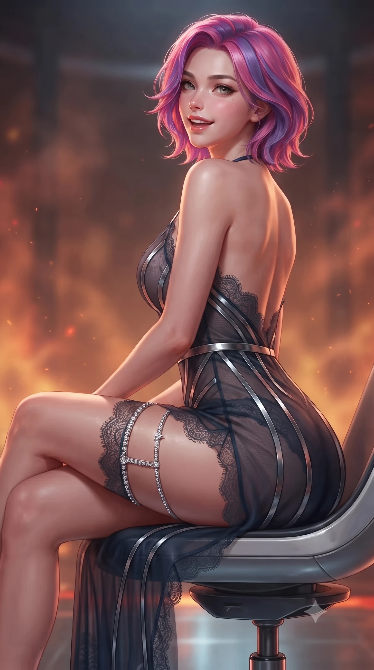 score_9, masterpiece, best quality, ultra-detailed, high-budget anime keyframe, editorial fashion photography, tasteful artistic composition, Caucasian woman. close-up cowboy shot from the waist and thighs up, the character dominates the composition, filling the frame with her large presence. posing in an alluring rear three-quarter angle, looking over a bare shoulder with parted glossy lips, her hips cocked back to highlight her slim hourglass curve while sitting gracefully on the floating antigravity operator chair with legs crossed, her statuesque 8.5-heads silhouette commanding the geothermal abyss. The background shows a soft-focus plasma heat shimmer softened in geothermal core containment sanctuary shallow focus. She has an exceptionally elegant, slender, and willowy female figure with an ultra-slim waist, flat toned midriff, narrow ribcage, and sculpted feminine hips creating an alluring, slim hourglass silhouette without bulk. sharp v-shaped jawline, high-bridge nose, intricate jewel-like sparkling eyes with depth, thick eyelashes, glossy parted lips with a natural peach sheen, bright cheerful beaming smile with an enchanting and coquettish sensual glint, exuding both youthful cute charm and seductive allure, flawlessly proportioned anatomical accuracy, strict slender model proportions, natural body alignment, perfectly sculpted long slender limbs, ultra-slim waistline, clean dynamic posture without body distortion. wearing a plunge-front sheer illusion tulle combat slip dress with liquid platinum ribbon stripes hugging her curves in tactical carbon navy and polished chrome, made of delicate semi-sheer French Chantilly lace with intricate eyelash edges, finished with delicate crystal-encrusted thigh garter straps glinting in the dim light, the high-slit wrap tailoring accentuating her ultra-slim waistline and the enchanting curve of her feminine hips with alluring seductive charm. illuminated by glass floor reflection bounce and sharp magma-amber rim lights sculpting her jawline, narrow waist, and curvy hips. ultra-reflective glossy finish, specular highlights, rich textural contrasts, high-contrast stereoscopic depth, volumetric dynamic lighting, 2k, ultra detail, master piece, 9:16 ratio