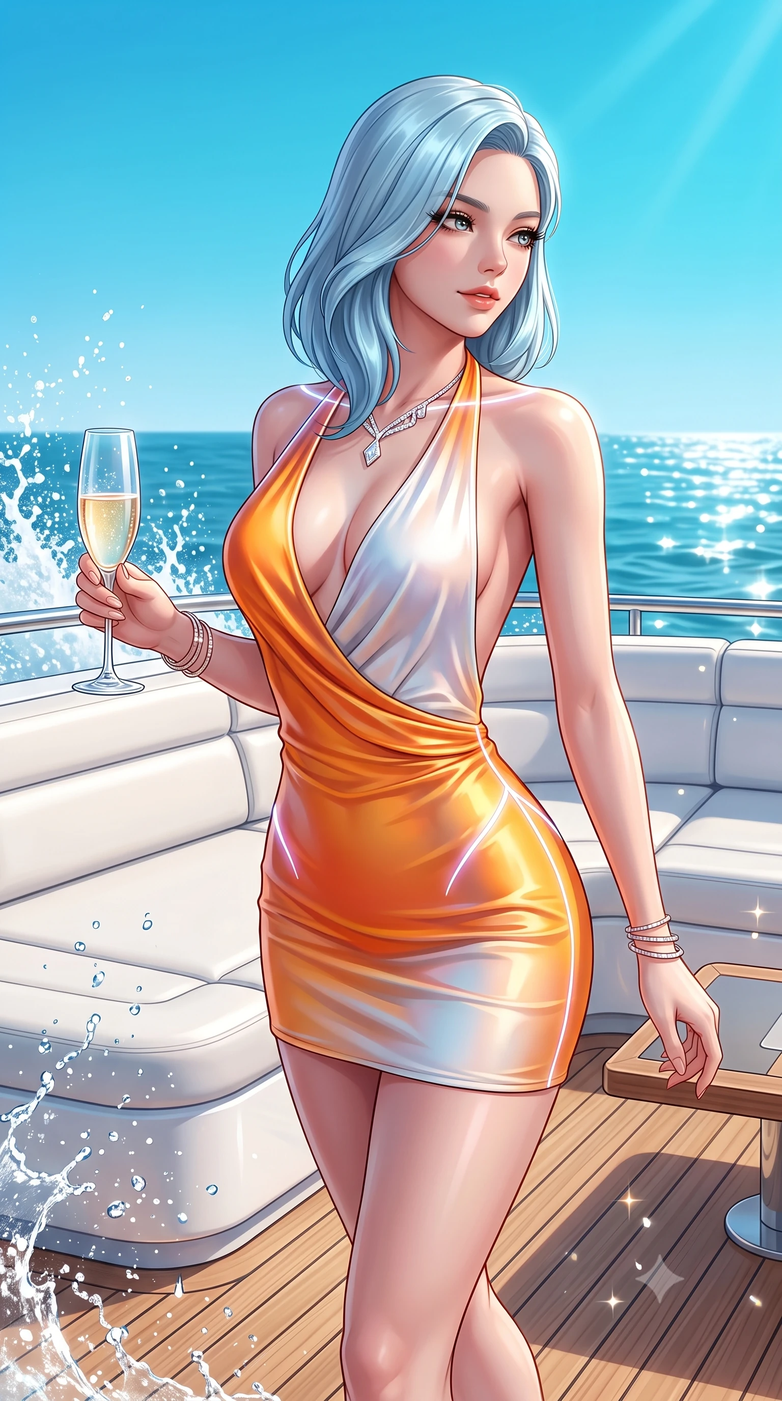 score_9, masterpiece, best quality, ultra-detailed, high-budget anime keyframe, semi-realistic 3D game render, editorial fashion photography, tasteful artistic composition, Korean woman. close-up cowboy shot from the waist and thighs up, the character dominates the composition, filling the frame with her large presence. stretching forward with an alluring arch of her spine, glancing over her shoulder with thick eyelashes and a smoldering half-smile while stepping gracefully toward the yacht lounge with champagne glass in hand under a cloudless turquoise sky. The surrounding environment is rendered in vivid detail and crisp panoramic clarity. sharp splashing sea spray droplets, white leather sunbed seams, and cloudless sky in high clarity. She has an exceptionally elegant, slender, and willowy female figure with an ultra-slim waist, a gracefully sculpted slender torso, toned flat midriff, and a refined slim silhouette. sharp v-shaped jawline, high-bridge nose, intricate jewel-like eyes with depth, thick eyelashes, glossy lips with a natural sheen, flawlessly proportioned anatomical accuracy, strict slender model proportions, natural body alignment, perfectly sculpted long slender limbs, ultra-slim waistline, clean dynamic posture without body distortion. wearing a form-contouring liquid satin halter-neck mini dress with a deep crossover cowl front, open back, and ultra-slender waist drape in vivid sunset amber orange and cloud white, made of smooth iridescent silk chiffon that shifts colors with movement, accented with glowing fiber-optic seams tracing her collarbones and hip curves, the precision-cut daring openings accentuating her delicate midriff, graceful bare collarbones, and ultra-slim feminine waistline. bathed in dazzling midday Mediterranean sunshine and sparkling ocean surface reflections. highly saturated vibrant anime colors, detailed shading with soft gradients, rich glossy textures, high-contrast stereoscopic depth, volumetric dynamic lighting, master piece, 9:16 ratio