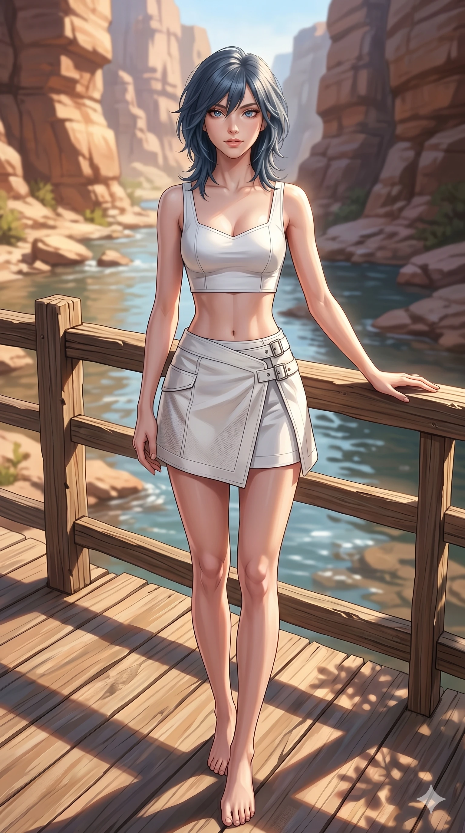 score_9, masterpiece, best quality, ultra-detailed, high-budget anime keyframe, editorial fashion photography, tasteful artistic composition, Caucasian woman, strictly human ears. cowboy shot from the thighs up, character and outfit filling the frame for maximum editorial presence. posing with bright, confident self-assurance, one hand on the railing standing on a wooden deck overlooking a sunlit canyon stream. She has an absolutely perfect 8-heads proportion, an exceptionally tall and slender female figure with impossibly long slender legs and an ultra-slim waist. V-shaped jawline, high-bridge nose, intricate jewel-like eyes with depth, thick eyelashes, glossy lips with a natural sheen. wearing a structured white crop top and high-waisted wrap skirt with metallic buckle details. bathed in warm afternoon sunbeams casting long, soft shadows over the deck. 2k, ultra detail, master piece, 9:16 ratio
