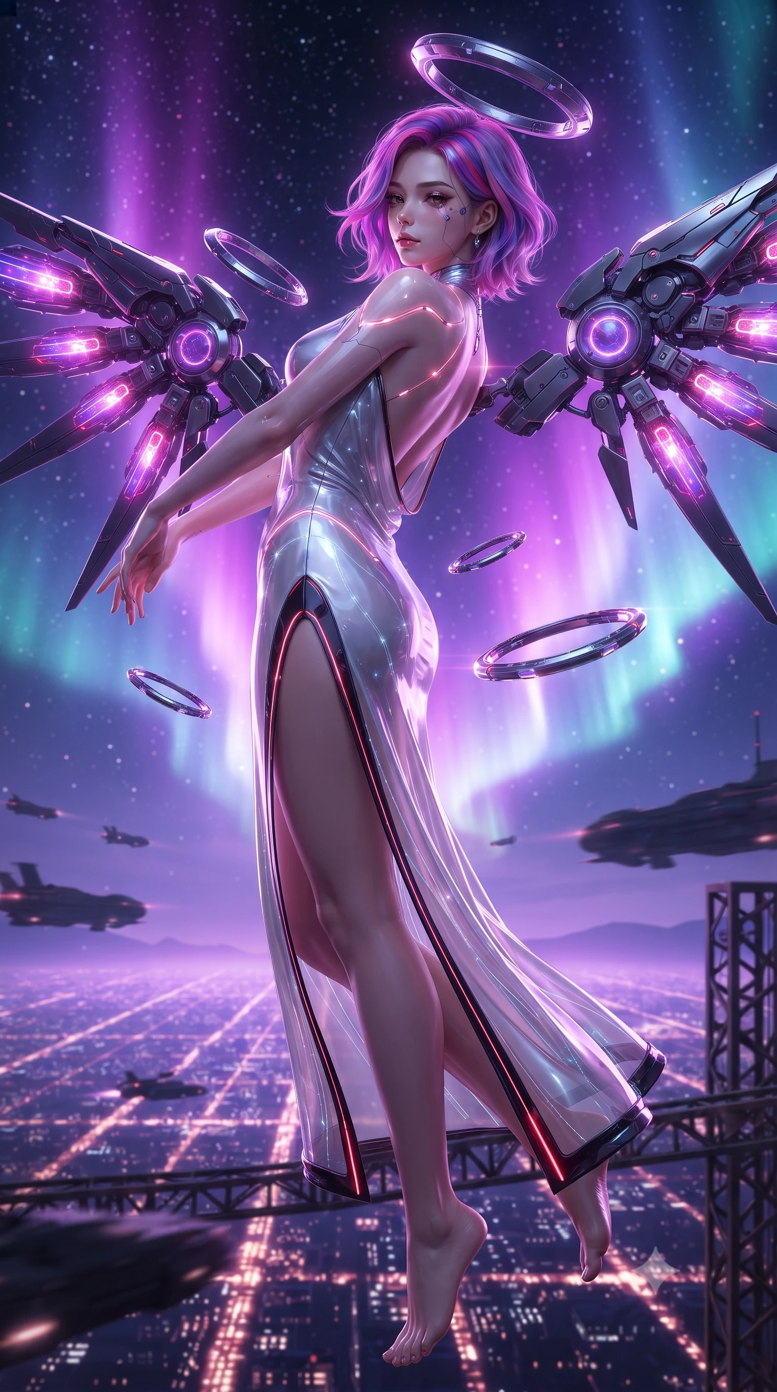 score_9, masterpiece, best quality, ultra-detailed, high-budget anime keyframe, editorial fashion photography, tasteful artistic composition, Caucasian woman. low angle full-body shot from head to toe showing her feet, filling the entire 9:16 vertical frame with her statuesque presence, stretching her vertical silhouette. arching her back gracefully in mid-air as glowing mechanical wings and floating cybernetic halos frame her statuesque presence while arching her spine in a fluid stretch under the vast cosmic aurora with endless city light grids stretching below. The surrounding environment is rendered in vivid detail and crisp panoramic clarity. sharp plasma aurora curtain ripples, flying vehicle silhouettes, and textured metal gantry in high resolution. She has an absolutely perfect, statuesque 8.5-heads proportion, an exceptionally tall and slender model-like female figure with impossibly long slender legs, a toned flat midriff, and an ultra-slim waist. sharp v-shaped jawline, high-bridge nose, intricate jewel-like eyes with depth, thick eyelashes, glossy lips with a natural sheen, flawlessly proportioned anatomical accuracy, strict slender model proportions, natural body alignment, perfectly sculpted long slender limbs, ultra-slim waistline, clean dynamic posture without body distortion. wearing a precision-fitted liquid jersey bodycon gown in radiant chrome and white, featuring an open cowl back and high side slit in high-gloss obsidian black and burning laser crimson accents, tailored from semi-translucent cybernetic vinyl with glowing micro-filaments, accented with glowing fiber-optic seams tracing her collarbones and hip curves, the form-contouring material adhering flawlessly to her sculpted flat midriff and slender torso, emphasizing her long leg lines and perfectly proportioned willowy build. bathed in vivid violet and electric magenta plasma aurora backlighting with golden city ground bounce. ultra-reflective glossy finish, specular highlights, dark metallic sheen, high-contrast stereoscopic depth, volumetric dynamic lighting, 2k, ultra detail, master piece, 9:16 ratio