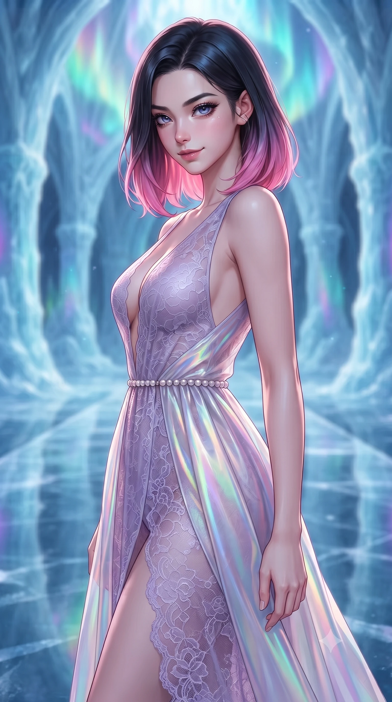 score_9, masterpiece, best quality, ultra-detailed, high-budget anime keyframe, editorial fashion photography, tasteful artistic composition, Korean woman. close-up cowboy shot from the waist and thighs up, the character dominates the composition, filling the frame with her large presence, background elements kept in soft focus. Glancing sidelong over her shoulder with a smoldering half-smile, standing on a reflective ice catwalk inside a glacier cathedral illuminated by shifting aurora borealis, shifting aurora colors wrapping around her statuesque vertical silhouette. She has an exceptionally elegant, slender, and willowy female figure with an ultra-slim waist, a gracefully sculpted slender torso, and a refined silhouette. sharp v-shaped jawline, high-bridge nose, intricate jewel-like eyes with depth, thick eyelashes, glossy lips with a natural sheen. wearing gothic nebula sheer lavender lace gown with plunging neckline in radiant platinum, made of iridescent hologram organza, adorned with minimalist pearl hardware framing the waistline, accentuating her gracefully sculpted slender torso. bathed in brilliant cold silver moonlight and vibrant polar light reflections. highly saturated vibrant anime colors, detailed shading with soft gradients, rich glossy textures, high-contrast stereoscopic depth, volumetric dynamic lighting, master piece, 9:16 ratio
