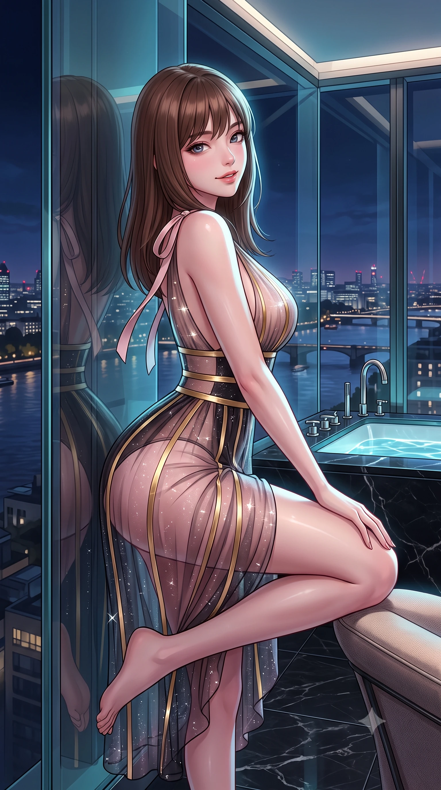 score_9, masterpiece, best quality, ultra-detailed, high-budget anime keyframe, semi-realistic 3D game render, editorial fashion photography, tasteful artistic composition, Korean woman. close-up cowboy shot from the waist and thighs up, the character dominates the composition, filling the frame with her large presence. perched sideways on the lounge seat, one knee drawn up to showcase her slender leg line while her arched back accentuates her feminine hip curve while leaning against the floor-to-ceiling glass wall with hips cocked back, casting an intoxicating smoldering bedroom-gaze over the midnight Thames. The surrounding environment is rendered in vivid detail and crisp panoramic clarity: sharp structural glass corner bevels, honed black marble floor veining, and polished nickel tap fittings in deep focus. She has an exceptionally elegant, slender, and willowy female figure with an ultra-slim waist, flat toned midriff, narrow ribcage, and sculpted feminine hips creating an alluring, slim hourglass silhouette without bulk. sharp v-shaped jawline, high-bridge nose, intricate jewel-like sparkling eyes with depth, thick eyelashes, glossy parted lips with a natural peach sheen, bright cheerful beaming smile with an enchanting and coquettish sensual glint, exuding both youthful cute charm and seductive allure, flawlessly proportioned anatomical accuracy, strict slender model proportions, natural body alignment, perfectly sculpted long slender limbs, ultra-slim waistline, clean dynamic posture without body distortion. wearing a plunge-front sheer illusion tulle slip dress with liquid gold ribbon stripes hugging her curves in Kyoto moonlit sakura blush and polished urushi black, woven from stretch metallic lurex jersey casting radiant starlight glints across her curves, finished with satin ribbon ties at the shoulders fluttering in the gentle breeze, the second-skin tailored fabric adhering flawlessly to her sculpted flat midriff and slender torso, emphasizing her long leg lines and perfectly proportioned willowy build. illuminated by tub water caustics bounce and sharp platinum-cyan rim lights sculpting her razor-sharp jawline, narrow waist, and curvy hips. highly saturated vibrant anime colors, detailed shading with soft gradients, rich glossy textures, high-contrast stereoscopic depth, volumetric dynamic lighting, master piece, 9:16 ratio