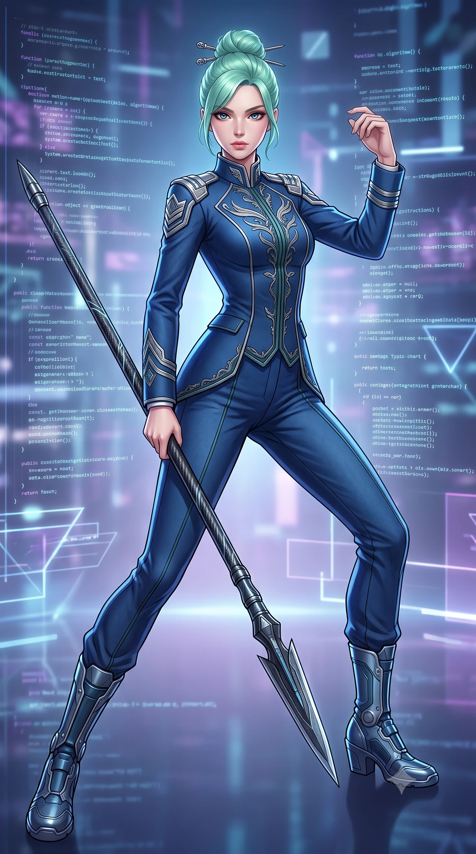 score_9, masterpiece, best quality, ultra-detailed, high-budget anime keyframe, editorial fashion photography, tasteful artistic composition, Japanese woman. low angle full-body shot from head to toe showing her feet, filling the entire 9:16 vertical frame with her statuesque presence, stretching her vertical silhouette. standing in a dynamic combat stance with a carbon-fiber spear held diagonally, stretching her statuesque body, the background shows a soft-focus a digital combat platform surrounded by floating code lines and algorithms. She has an absolutely perfect, statuesque 8.5-heads proportion, an exceptionally tall and slender model-like female figure with impossibly long slender legs and an ultra-slim waist. sharp v-shaped jawline, high-bridge nose, intricate jewel-like eyes with depth, thick eyelashes, glossy lips with a natural sheen. wearing a tailored modern high-collar space marine dress uniform in deep blue wool, featuring structured silver shoulder ranks. sharp white light from the scrolling code lines highlighting her clothing textures. highly saturated vibrant anime colors, detailed shading with soft gradients, rich glossy textures, high-contrast stereoscopic depth, volumetric dynamic lighting, master piece, 9:16 ratio