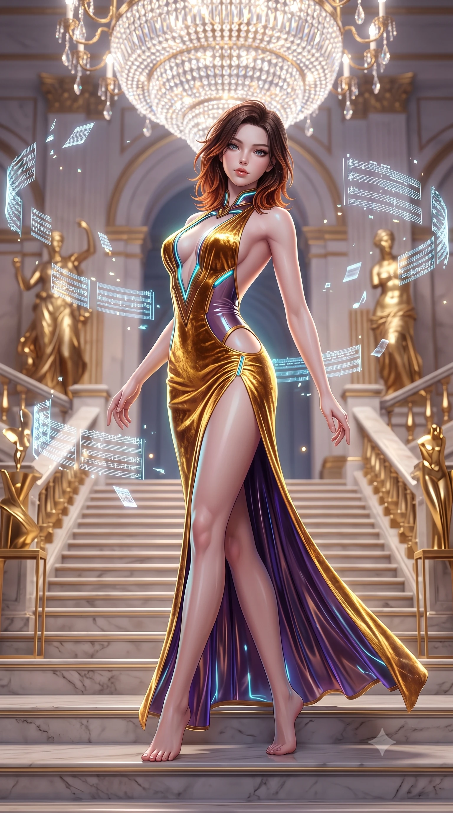 score_9, masterpiece, best quality, ultra-detailed, high-budget anime keyframe, semi-realistic 3D game render, editorial fashion photography, tasteful artistic composition, Korean woman. low angle full-body shot from head to toe showing her feet, filling the entire 9:16 vertical frame with her statuesque presence, stretching her vertical silhouette. arching her back in a fluid zero-gravity turn with sovereign grace, her long slender legs and sculpted torso creating a sweeping line while pivoting dynamically on a grand marble staircase flanked by golden statues and holographic musical scores. The composition keeps background elements in soft focus with creamy bokeh. floating holographic sheet music and chandelier refractions scattering light across a majestic backdrop. She has an absolutely perfect, statuesque 8.5-heads proportion, an exceptionally tall and slender model-like female figure with impossibly long slender legs and an ultra-slim waist. sharp v-shaped jawline, high-bridge nose, intricate jewel-like eyes with depth, thick eyelashes, glossy lips with a natural sheen, flawlessly proportioned anatomical accuracy, natural body alignment, perfectly sculpted elegant limbs, clean dynamic posture without body distortion. wearing a backless crushed velvet gown with a deep V-neckline, strategic hip cutouts, and an ultra-high thigh slit in lustrous molten gold and pure deep violet, tailored from semi-translucent cybernetic vinyl with glowing micro-filaments, featuring a dangerously unzipped neckline framed by glowing cybernetic accents, the glove-like fit tightly following every curve of her statuesque athletic build. illuminated by sparkling crystal refractions and crisp white front key lighting. highly saturated vibrant anime colors, detailed shading with soft gradients, rich glossy textures, high-contrast stereoscopic depth, volumetric dynamic lighting, master piece, 9:16 ratio