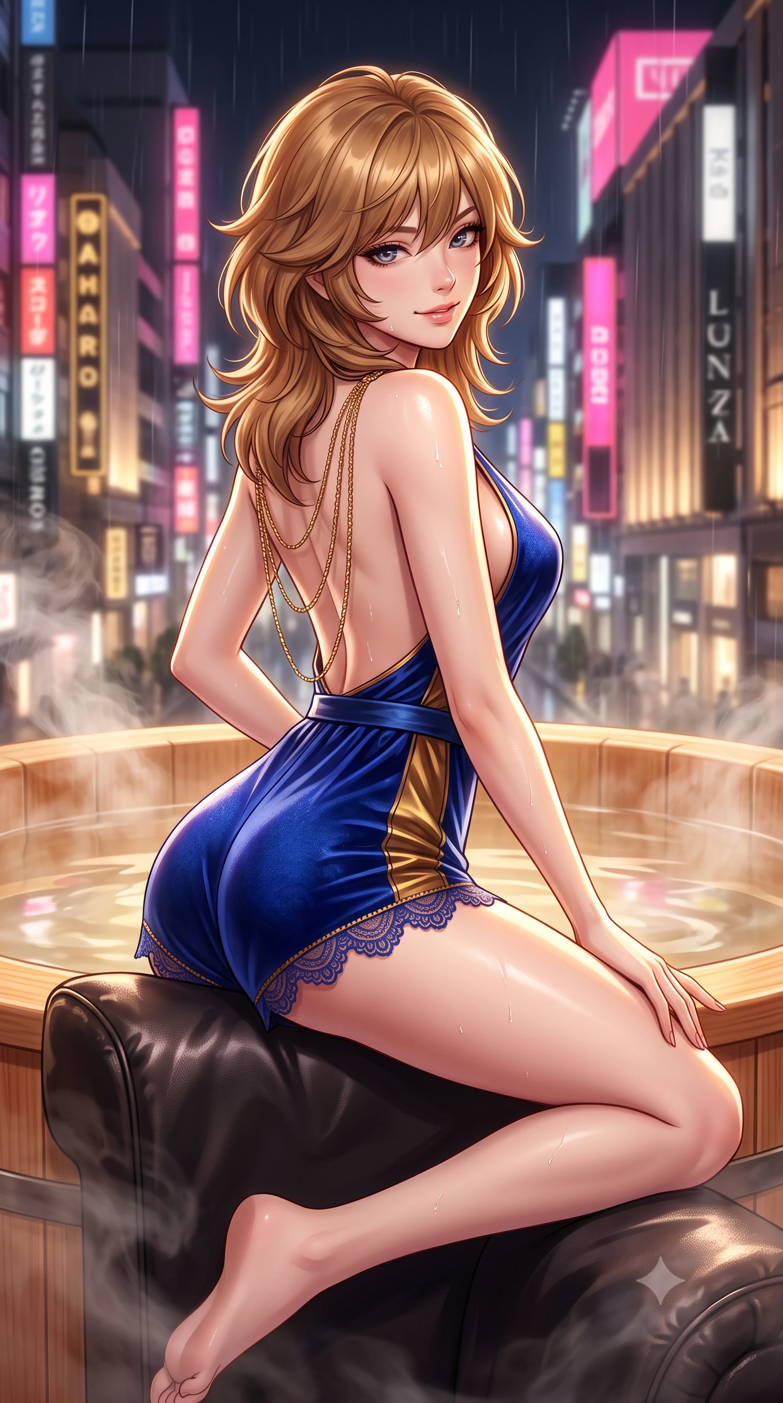 score_9, masterpiece, best quality, ultra-detailed, high-budget anime keyframe, semi-realistic 3D game render, editorial fashion photography, tasteful artistic composition, Korean woman. close-up cowboy shot from the waist and thighs up, the character dominates the composition, filling the frame with her large presence. perched sideways on the lounge seat, one knee drawn up to showcase her slender leg line while her arched back accentuates her feminine hip curve while reclining inside the colossal aromatic Japanese hinoki wood soaking tub, arching her spine with sultry indulgence against the warm cedar rim. The background shows a soft-focus rain-slicked Ginza high-rise neon signs, towering luxury department store facades, and rising aromatic wood steam blurred into neon-pink, gold, and charcoal bokeh. She has an exceptionally elegant, slender, and willowy female figure with an ultra-slim waist, flat toned midriff, narrow ribcage, and sculpted feminine hips creating an alluring, slim hourglass silhouette without bulk. sharp v-shaped jawline, high-bridge nose, sparkling eyes with hypnotic seductive depth, thick curled eyelashes, glossy parted lips with a natural dewy peach sheen, alluring bedroom-eyes with an enchanting coquettish smile, exuding magnetic siren charisma and sophisticated glamour, flawlessly proportioned anatomical accuracy, strict slender model proportions, natural body alignment, perfectly sculpted long slender limbs, ultra-slim waistline, clean dynamic posture without body distortion. wearing a plunge-neck stretch velvet romper with scalloped eyelash-lace hems and a cinched waist ribbon in royal lapis lazuli and burnished brass, woven from buttery-soft stretch lambskin leather adhering to her body like a second skin, accented with an open-back drape framed by falling strands of delicate gold chains, the second-skin tailored fabric adhering flawlessly to her sculpted flat midriff and slender torso, emphasizing her long leg lines and perfectly proportioned willowy build. illuminated by wet glass reflections and sharp champagne-gold rim lights defining her delicate clavicles, ultra-slim waist, and curvy hips. highly saturated vibrant anime colors, detailed shading with soft gradients, rich glossy textures, high-contrast stereoscopic depth, volumetric dynamic lighting, master piece, 9:16 ratio