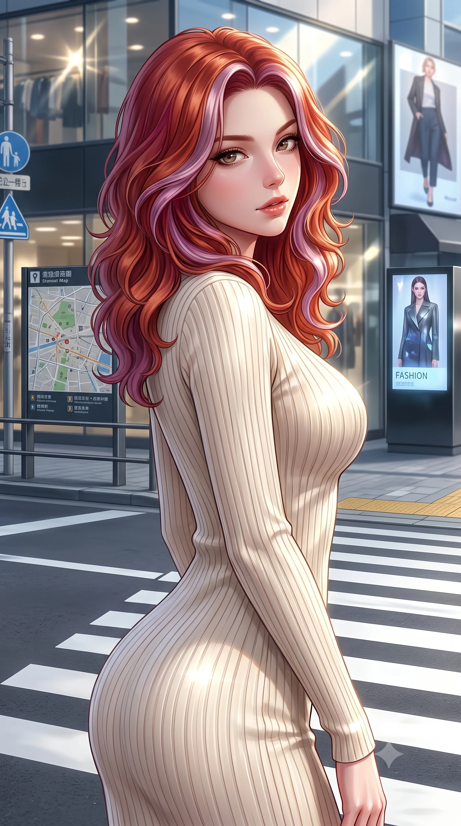 score_9, masterpiece, best quality, ultra-detailed, high-budget anime keyframe, editorial fashion photography, tasteful artistic composition, Caucasian woman. close-up cowboy shot from the waist and thighs up, the character dominates the composition, filling the frame with her large presence, background elements kept in soft focus. tilting her chin down slightly, looking up at the viewer with a deeply charming, smoldering gaze set against a soft-focus background of on a modern city street crossing with sleek crosswalk markings and signs with a street map board and digital fashion advertisements in the background. She has an exceptionally elegant, slender, and willowy female figure with an ultra-slim waist, a gracefully sculpted slender torso, and a refined silhouette. sharp v-shaped jawline, high-bridge nose, intricate jewel-like eyes with depth, thick eyelashes, glossy lips with a natural sheen. wearing form-contouring form-fitting ribbed knit dress in cream, contouring her slender silhouette. bright afternoon sunbeams creating sharp reflections on the glass shop windows. ultra-reflective glossy finish, specular highlights, metallic sheen, high-contrast stereoscopic depth, volumetric dynamic lighting, 2k, ultra detail, master piece, 9:16 ratio