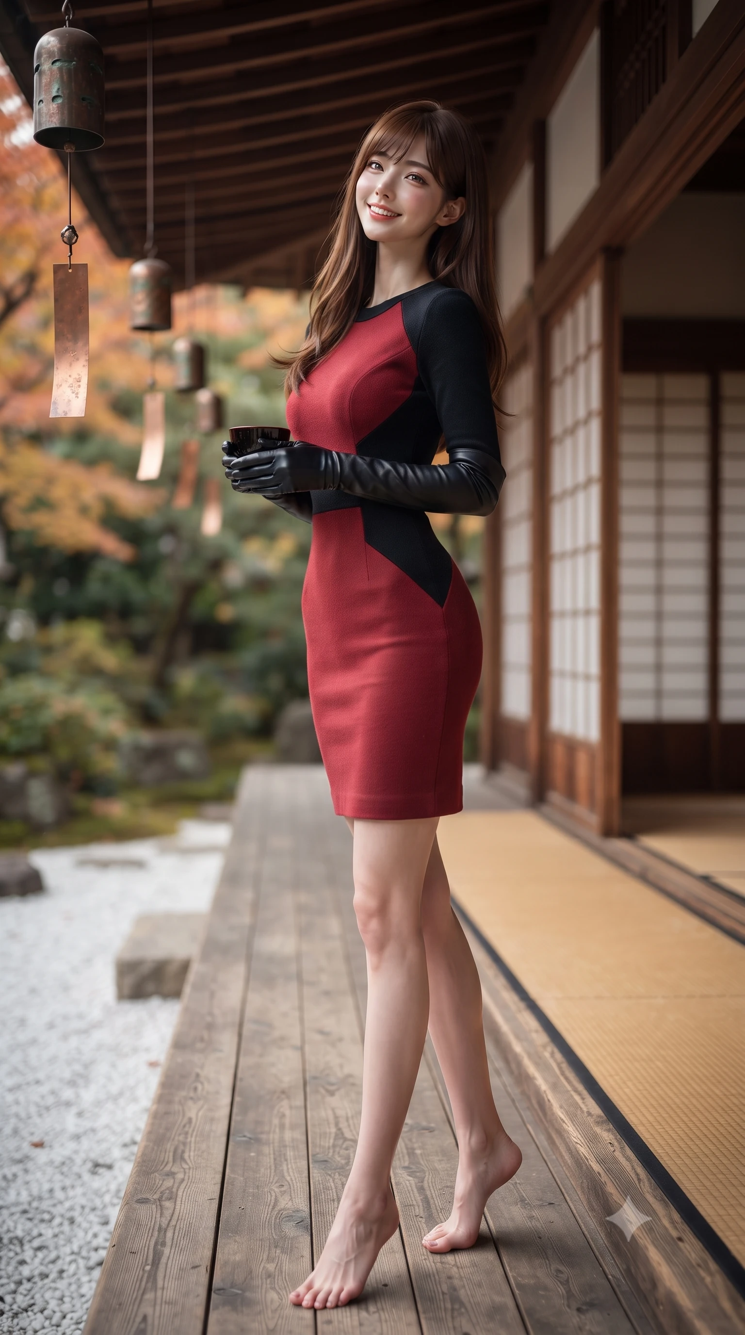 score_9, masterpiece, best quality, ultra-detailed, high-budget anime keyframe, editorial fashion photography, tasteful artistic composition, Korean woman. low angle full-body shot from head to toe showing her feet, filling the entire 9:16 vertical frame with her statuesque presence, stretching her vertical silhouette. pausing along the promenade and turning back toward the camera with an infectious, delightful smile, her form-fitting silhouette highlighting her curvy hips and slim waist while holding a black lacquer teacup with both hands on the veranda, looking up toward the camera with an enchanting, peaceful smile. The background shows a soft-focus traditional cedar eaves and hanging copper wind chimes softened in timeless autumn temple sanctuary shallow focus. She has an exceptionally tall and slender model-like 8.5-heads proportion, an ultra-slim waist, a flat toned midriff, narrow delicate ribcage, and beautifully sculpted feminine hips creating a graceful, slim hourglass silhouette without any bulky heaviness, with impossibly long slender legs. sharp v-shaped jawline, high-bridge nose, intricate jewel-like sparkling eyes with depth, thick eyelashes, glossy parted lips with a natural peach sheen, bright cheerful beaming smile with an enchanting and coquettish sensual glint, exuding both youthful cute charm and seductive allure, flawlessly proportioned anatomical accuracy, strict slender model proportions, natural body alignment, perfectly sculpted long slender limbs, ultra-slim waistline, clean dynamic posture without body distortion. wearing a sculpted double-faced wool knit dress with sleek architectural seam lines accentuating her flat midriff and feminine hips in Kyoto autumn maple crimson and deep ink black, tailored from stretch wool crepe providing structured compression and razor-sharp bodycon lines, complemented by buttery leather opera gloves tracing her slender arms with sleek polish, the glove-like clinging cut tightly following the natural contour of her hips and long slender legs with youthful 8.5-heads elegance. illuminated by white gravel garden bounce and warm vermilion-gold rim lights defining her delicate features, jawline, and graceful silhouette. ultra-reflective glossy finish, specular highlights, rich textural contrasts, high-contrast stereoscopic depth, volumetric dynamic lighting, 2k, ultra detail, master piece, 9:16 ratio