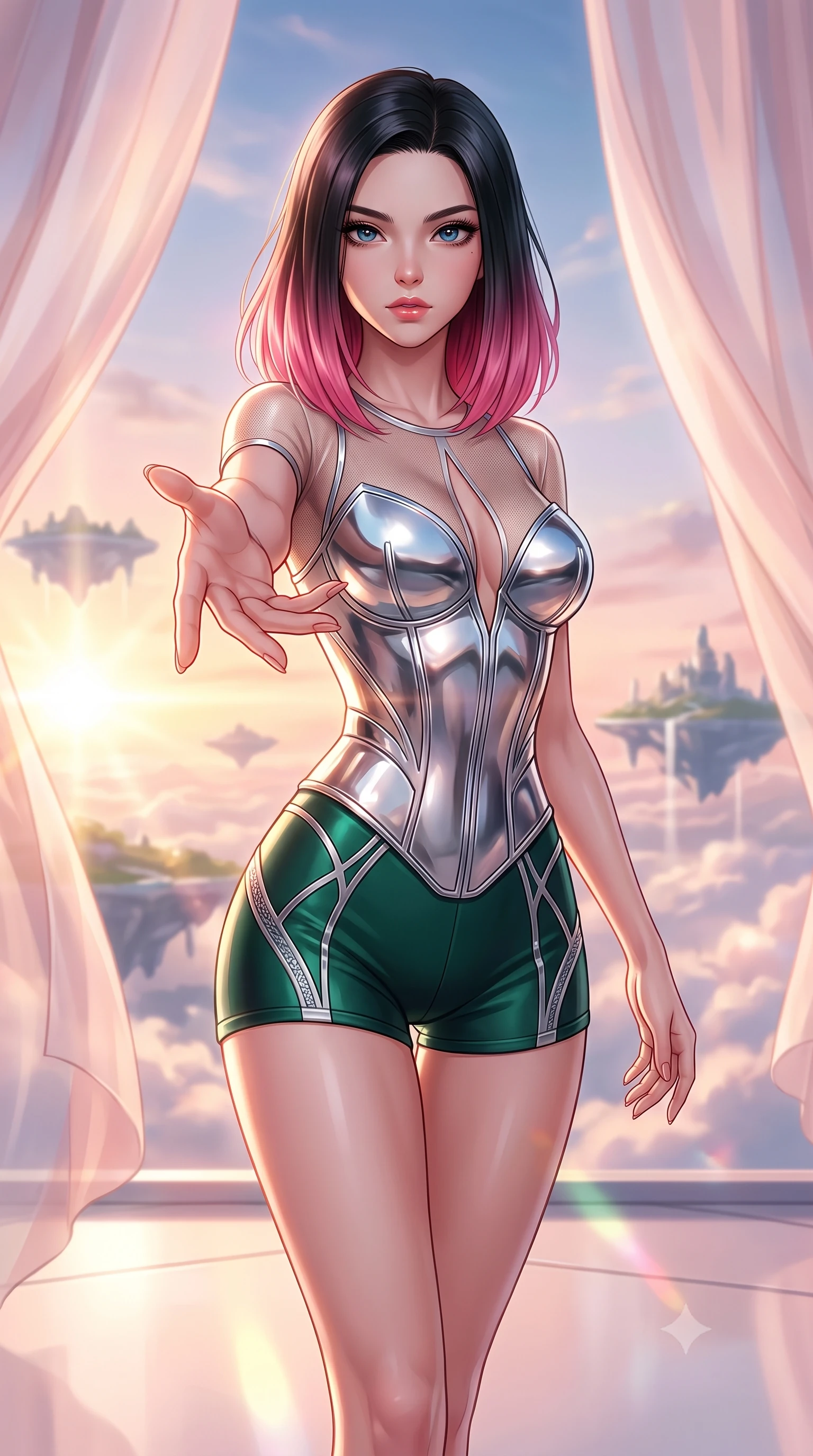 score_9, masterpiece, best quality, ultra-detailed, high-budget anime keyframe, editorial fashion photography, tasteful artistic composition, Korean woman. close-up cowboy shot from the waist and thighs up, the character dominates the composition, filling the frame with her large presence, background elements kept in soft focus. Reaching her hand gracefully toward the camera with magnetic allure, her torso turning in a dynamic S-curve alignment while stepping along a cloudtop platinum terrace suspended between flying hydro-islands, translucent silk curtains drifting lazily in a high-altitude sky breeze. She has an exceptionally elegant, slender, and willowy female figure with an ultra-slim waist, a gracefully sculpted slender torso, and a refined silhouette. sharp v-shaped jawline, high-bridge nose, intricate jewel-like eyes with depth, thick eyelashes, glossy lips with a natural sheen, flawlessly proportioned anatomical accuracy, natural body alignment, perfectly sculpted elegant limbs, clean dynamic posture without body distortion. wearing a chrome-plated structured bodice worn over a sheer mesh top and micro-shorts in deep emerald green and silver accent, formed from sleek second-skin neoprene, accented with a Tasteful chest slit framing her clavicle gracefully, the elegant draped fit framing her graceful clavicle and slender torso. bathed in glorious golden hour sunbeams and warm rose-gold ambient light. highly saturated vibrant anime colors, detailed shading with soft gradients, rich glossy textures, high-contrast stereoscopic depth, volumetric dynamic lighting, master piece, 9:16 ratio