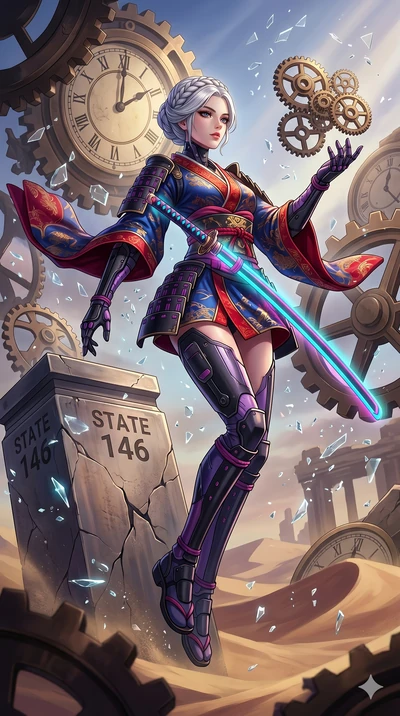 score_9, masterpiece, best quality, ultra-detailed, Set A: High-budget Anime Keyframe, Japanese woman. Low angle cowboy shot filling the entire 9:16 frame with her statuesque presence. Floating through a clockwork desert, as gravity fails and everyth