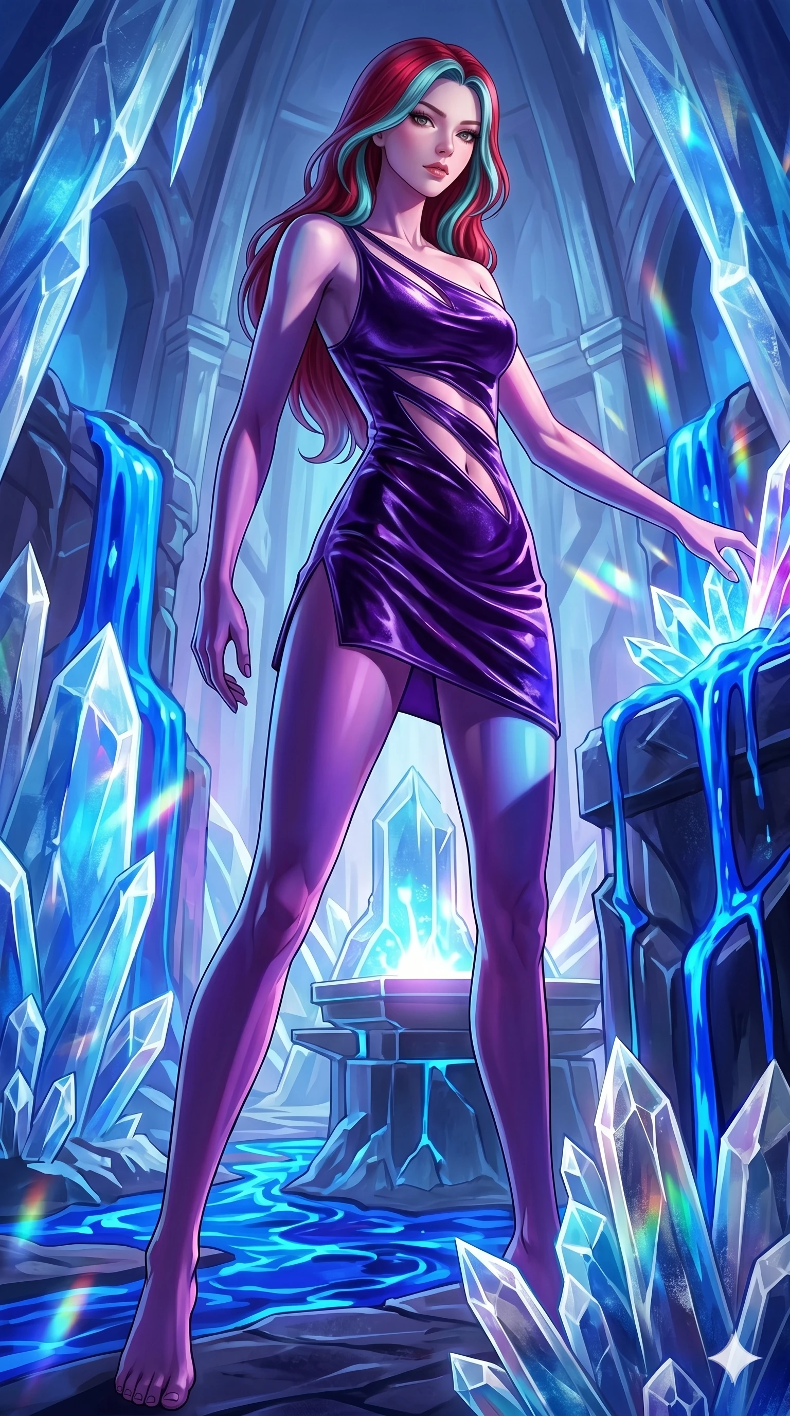 score_9, masterpiece, best quality, ultra-detailed, high-budget anime keyframe, Caucasian woman, strictly human ears. low angle full-body shot filling the entire 9:16 frame with her statuesque presence, stretching the vertical silhouette. forging in a prismatic ice-volcano temple where glowing cobalt-blue liquid magma flows between frozen blue ash crystals. She has an absolutely perfect 8-heads proportion, an exceptionally tall and slender female figure with impossibly long slender legs and an ultra-slim waist. V-shaped jawline, high-bridge nose, intricate jewel-like eyes with depth, thick eyelashes, glossy lips with a natural sheen.. wearing an asymmetric liquid velvet slip dress, featuring a wet-look deep purple velvet one-shoulder mini slip with slanted slashed cutouts. accented by dynamic color-blocked lighting with high-contrast shadows emphasizing her statuesque height. 2k, ultra detail, master piece, 9:16 ratio